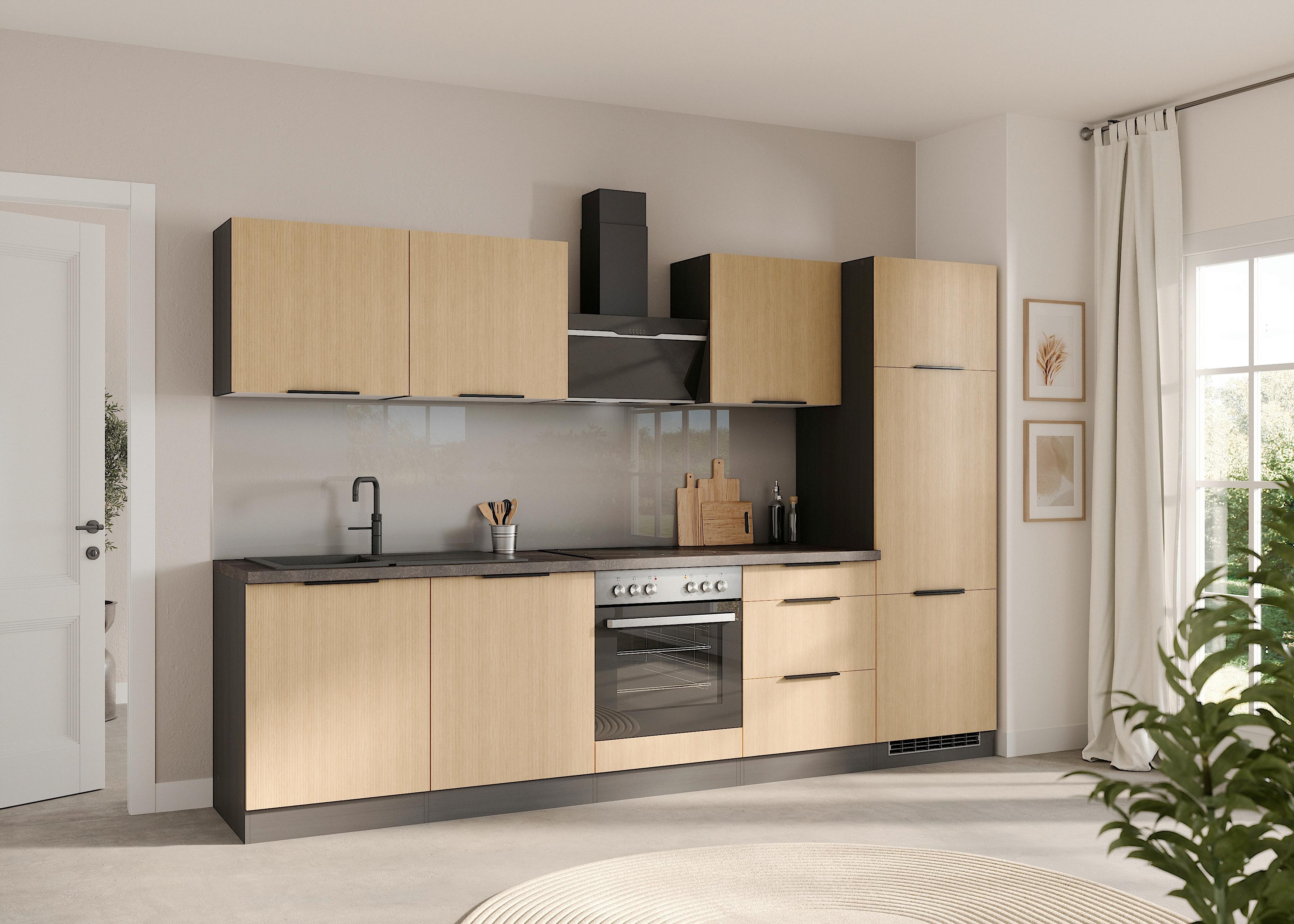 Küchenblock Glasgow m. Geräten Eiche/Graphit - Eichefarben/Graphitfarben, LIFESTYLE, Holzwerkstoff/Metall (300cm) - Held