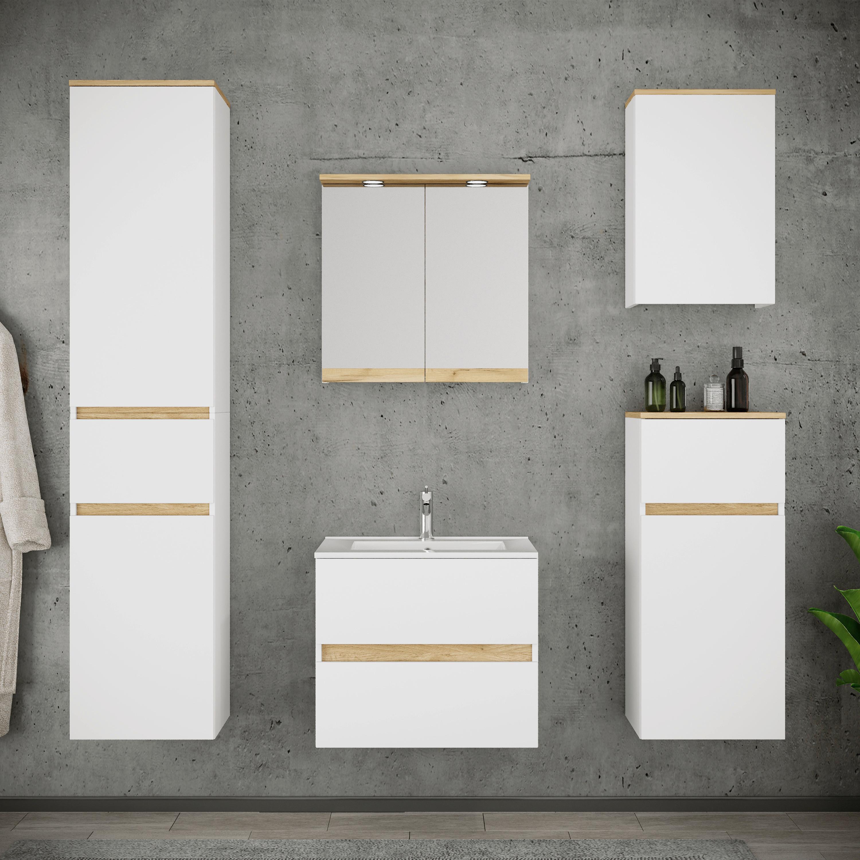 Badezimmer Cosila - Honigeiche/Weiss, Trend, Keramik/Holzwerkstoff (141cm) - MID.YOU
