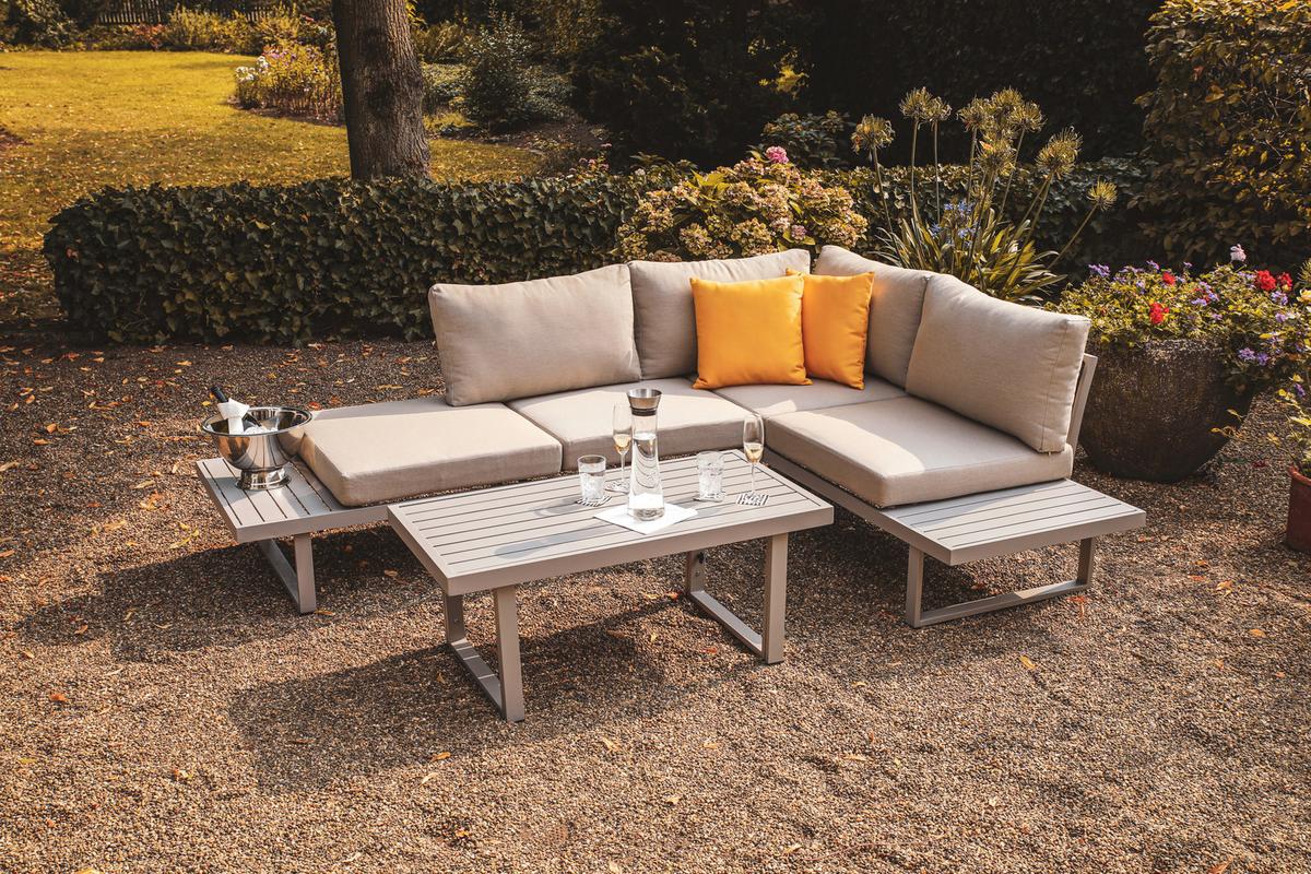 Loungegarnitur 3-tlg. Aruba Holz/Metall/Textil mit Kissen - Grau, Basics, Holz/Textil (175/70/175cm) - Gardenson