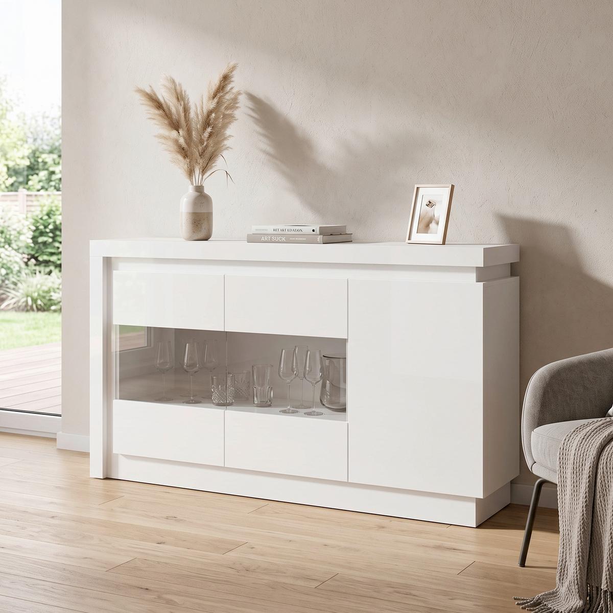 Comodă Cu Uși Lyon - alb/alb lucios intens, Trend, sticlă/material pe bază de lemn (157,6/89,1/42cm) - Modern Living