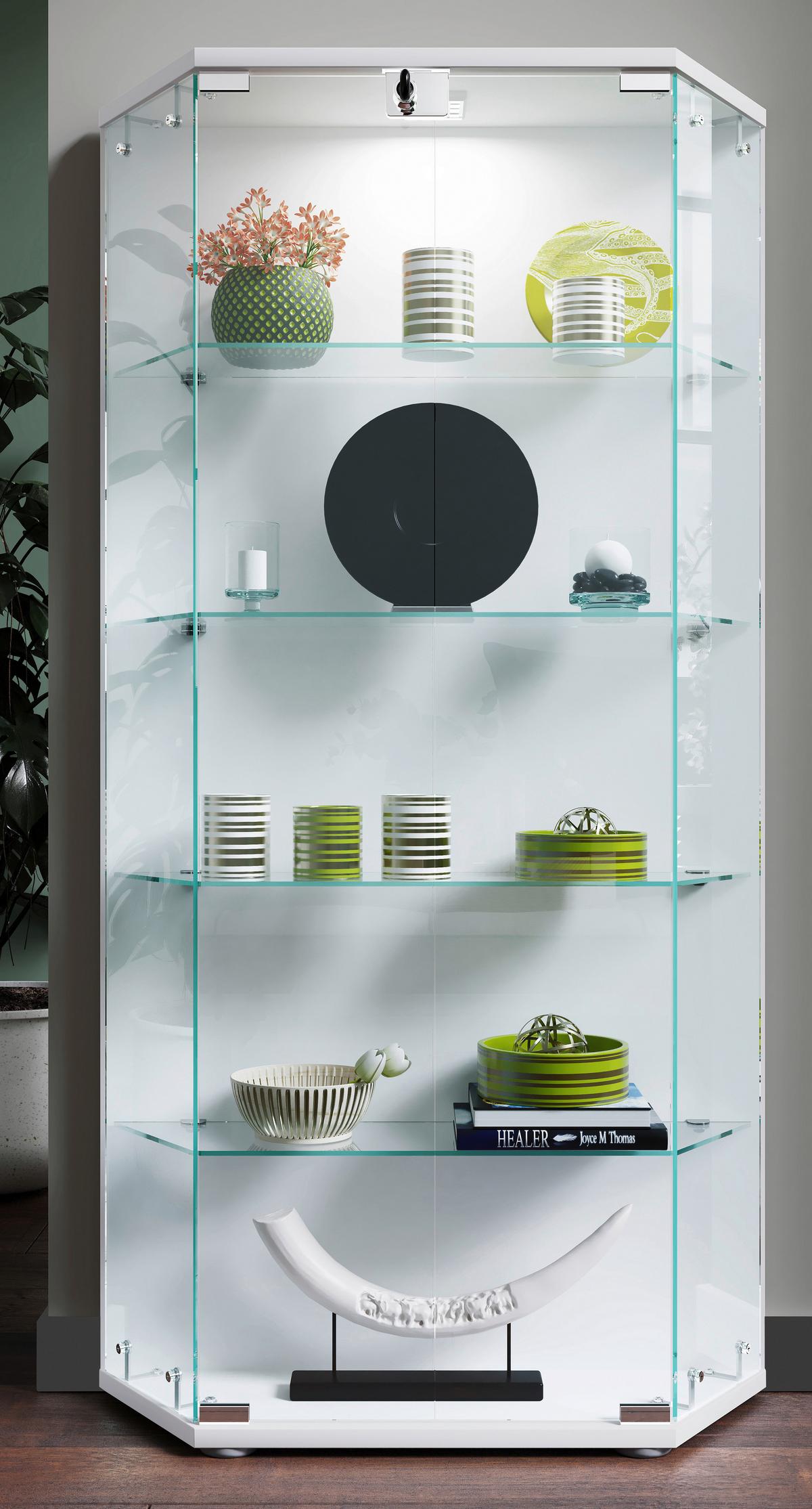Vitrina Cenila L, Bela - črna/bela, Design, umetna masa/steklo (83/114/17cm) - MID.YOU