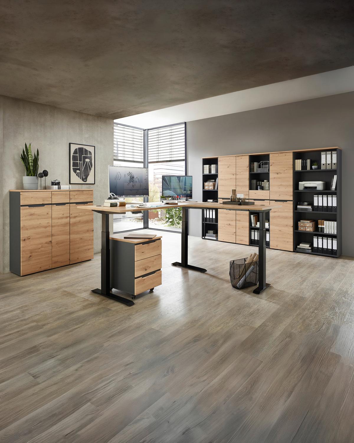 Eckschreibtisch Memphis In Eiche Artisan/graphitfarben - Graphitfarben/Eiche Artisan, Modern, Holzwerkstoff/Metall (185/77/64-129cm) - Premium Living