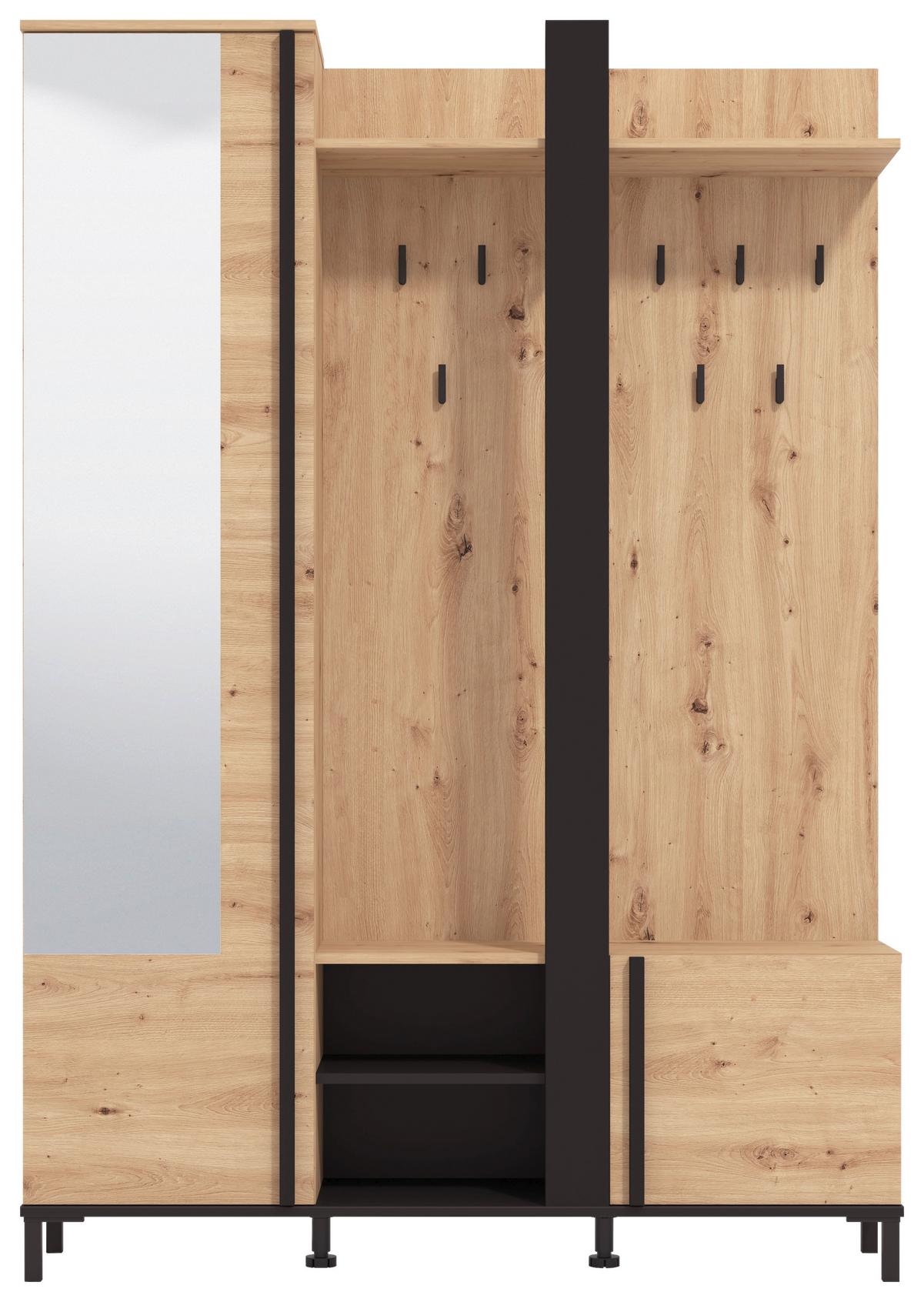 Előszobafal Nino - fekete/Artisan tölgy, Basics, faalapú anyag (134,5/192,5/34,5cm) - Carryhome