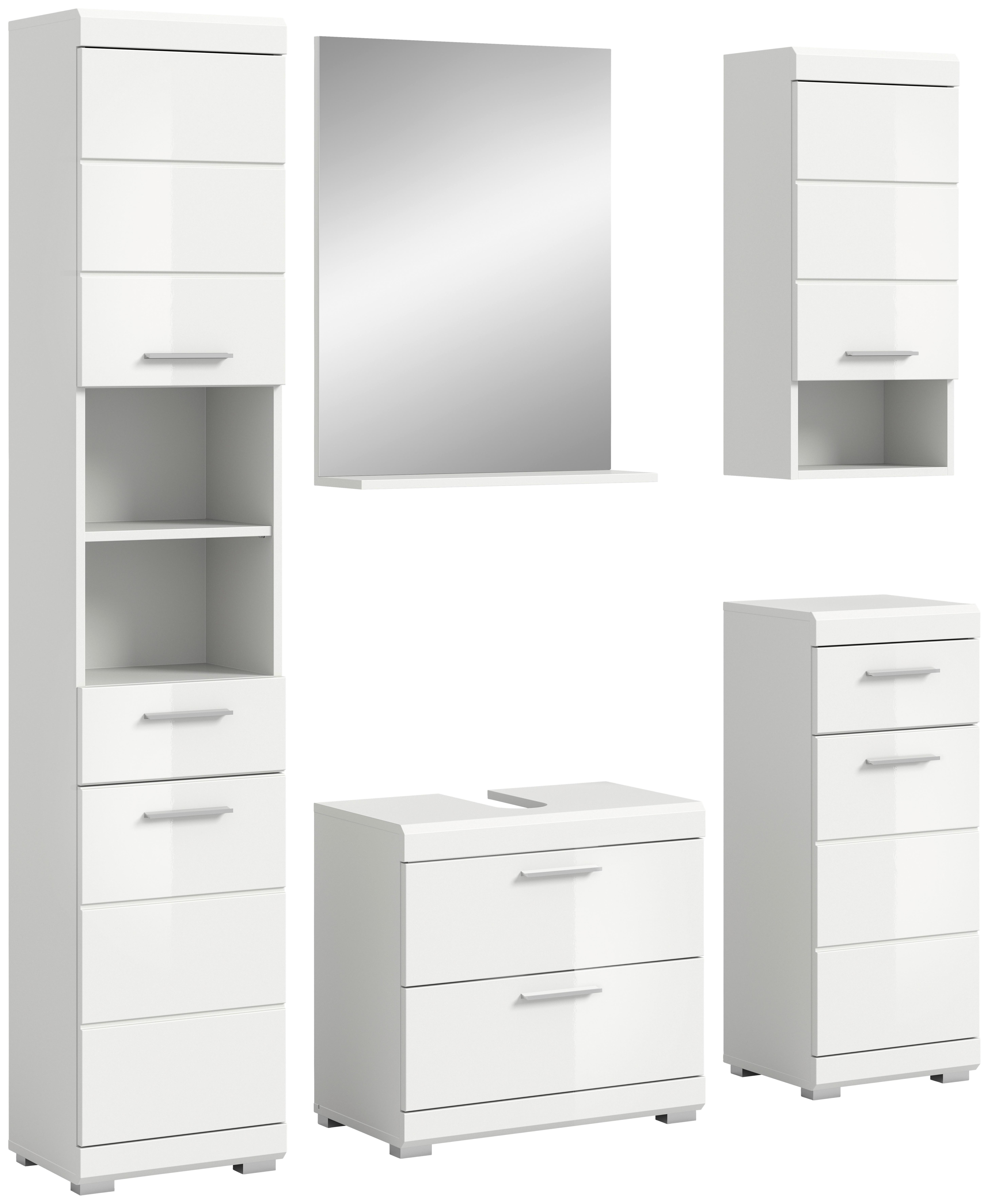 Badezimmer SCOUT 5-teilig Weiß Hochglanz - Weiß Hochglanz/Silberfarben, MODERN, Glas/Holzwerkstoff (134cm) - MID.YOU