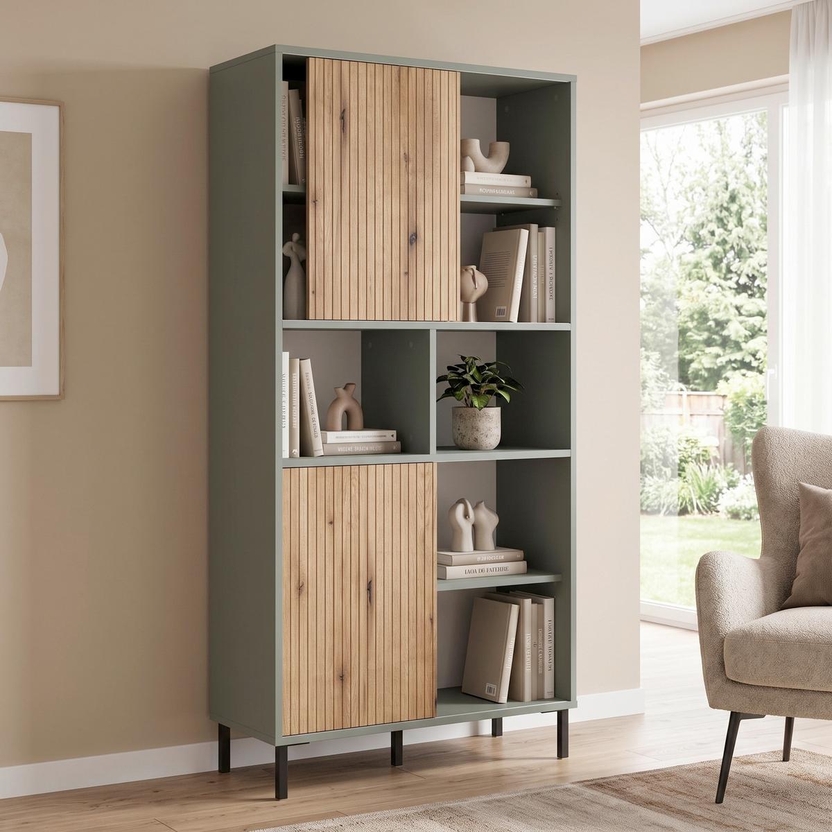 Regal Pozzi - boje hrasta/sivo-zelena, Trend, drvni materijal/metal (75/162,8/40cm) - Modern Living