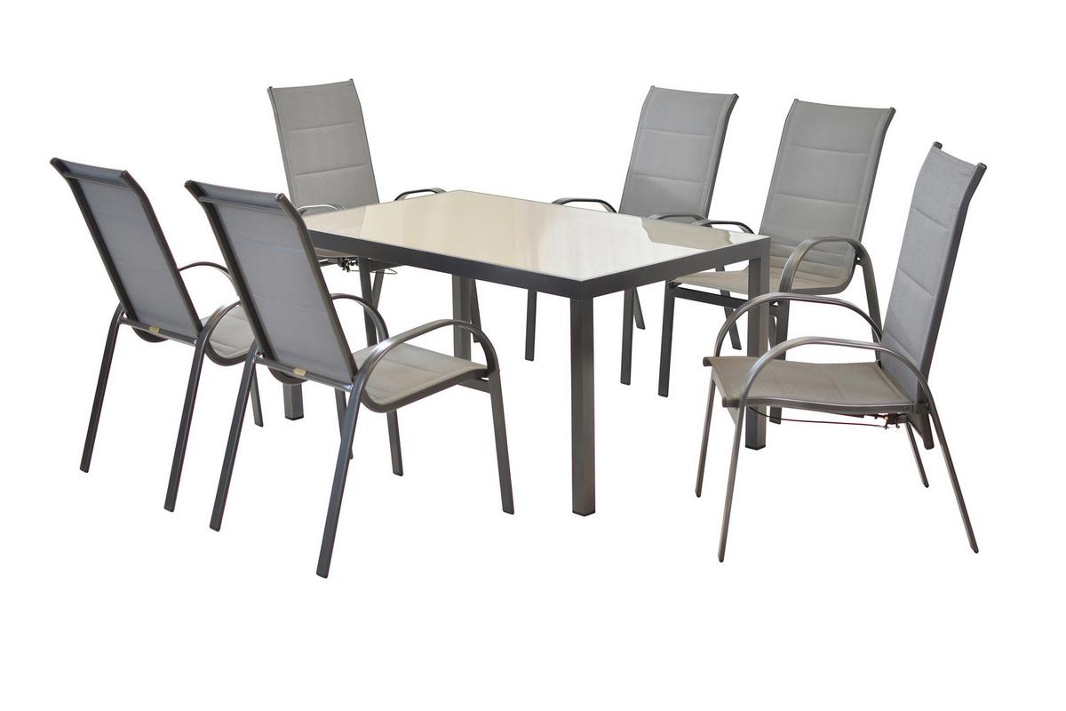 Gartentischgruppe Amalfi 7-tlg. Graphitfarben - Graphitfarben/Grau, KONVENTIONELL, Glas/Textil - Gardenson