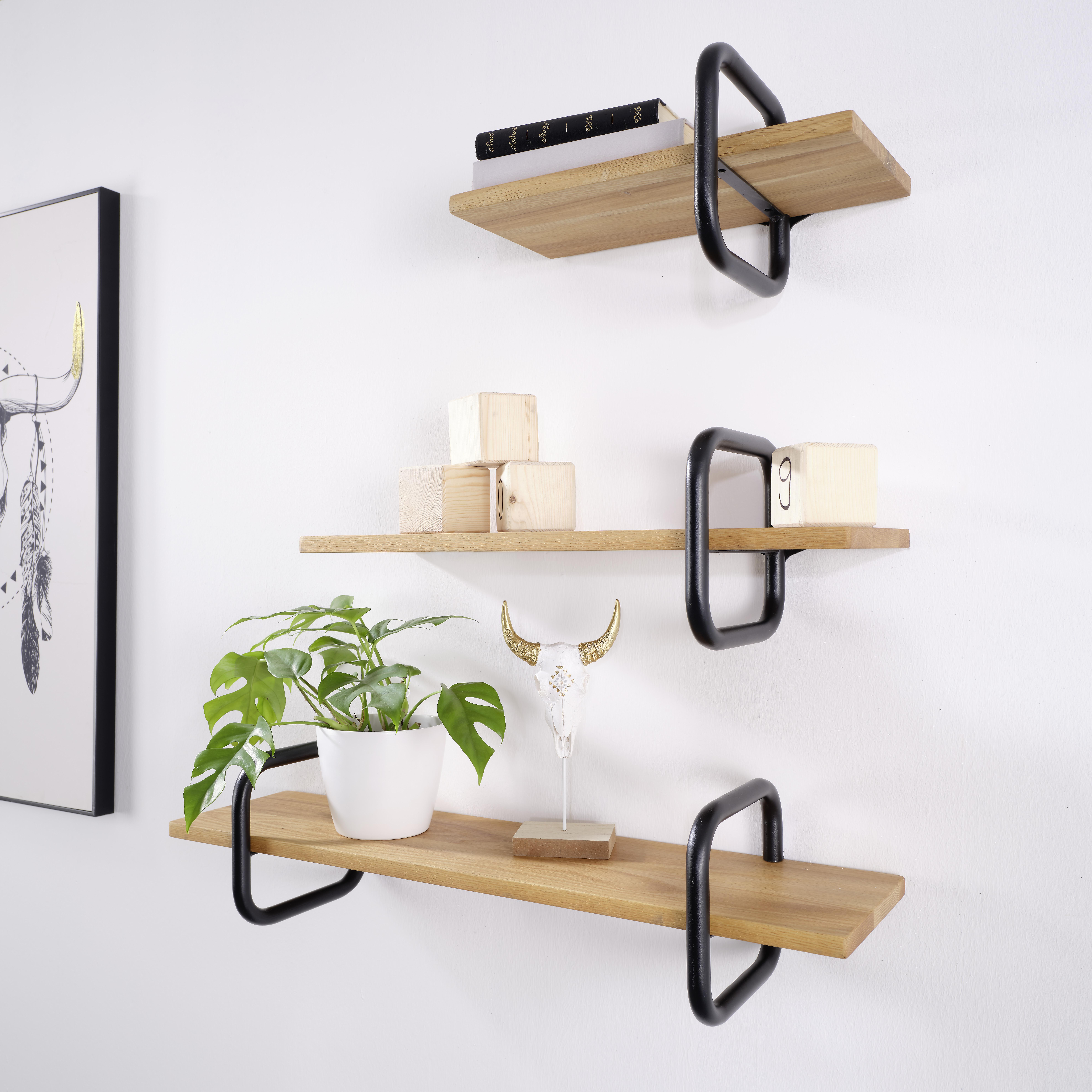 Wandboard aus Eiche massiv - Eichefarben/Schwarz, MODERN, Holz/Metall (40/20/22cm) - Mömax
