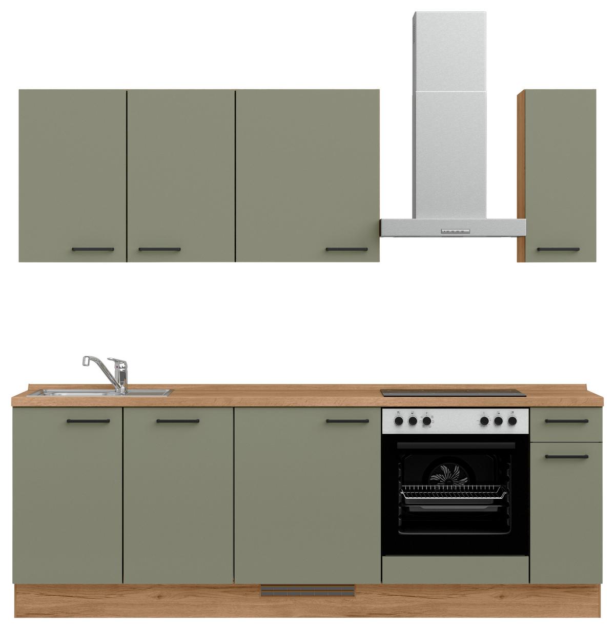 Küchenleerblock Senso Low o. Geräte Olivgrün - Eichefarben/Schwarz, MODERN, Holzwerkstoff/Metall (240cm) - Nobilia