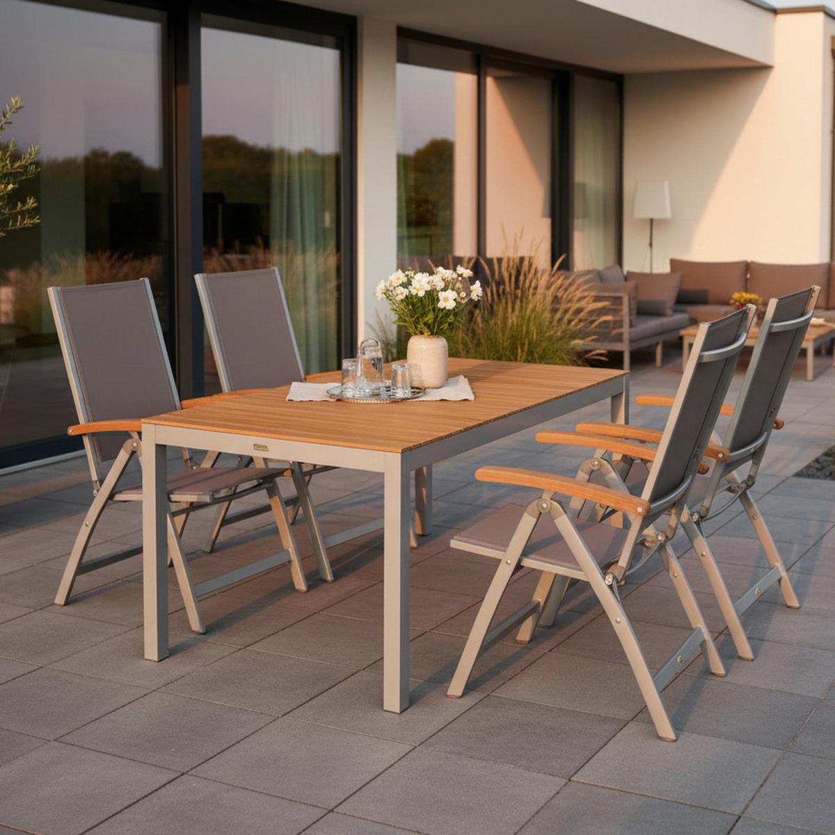 Gartentischgruppe Naxos 5-tlg. Grau/Akaziefarben - Silberfarben/Grau, MODERN, Holz/Textil (150/90/74cm) - Gardenson