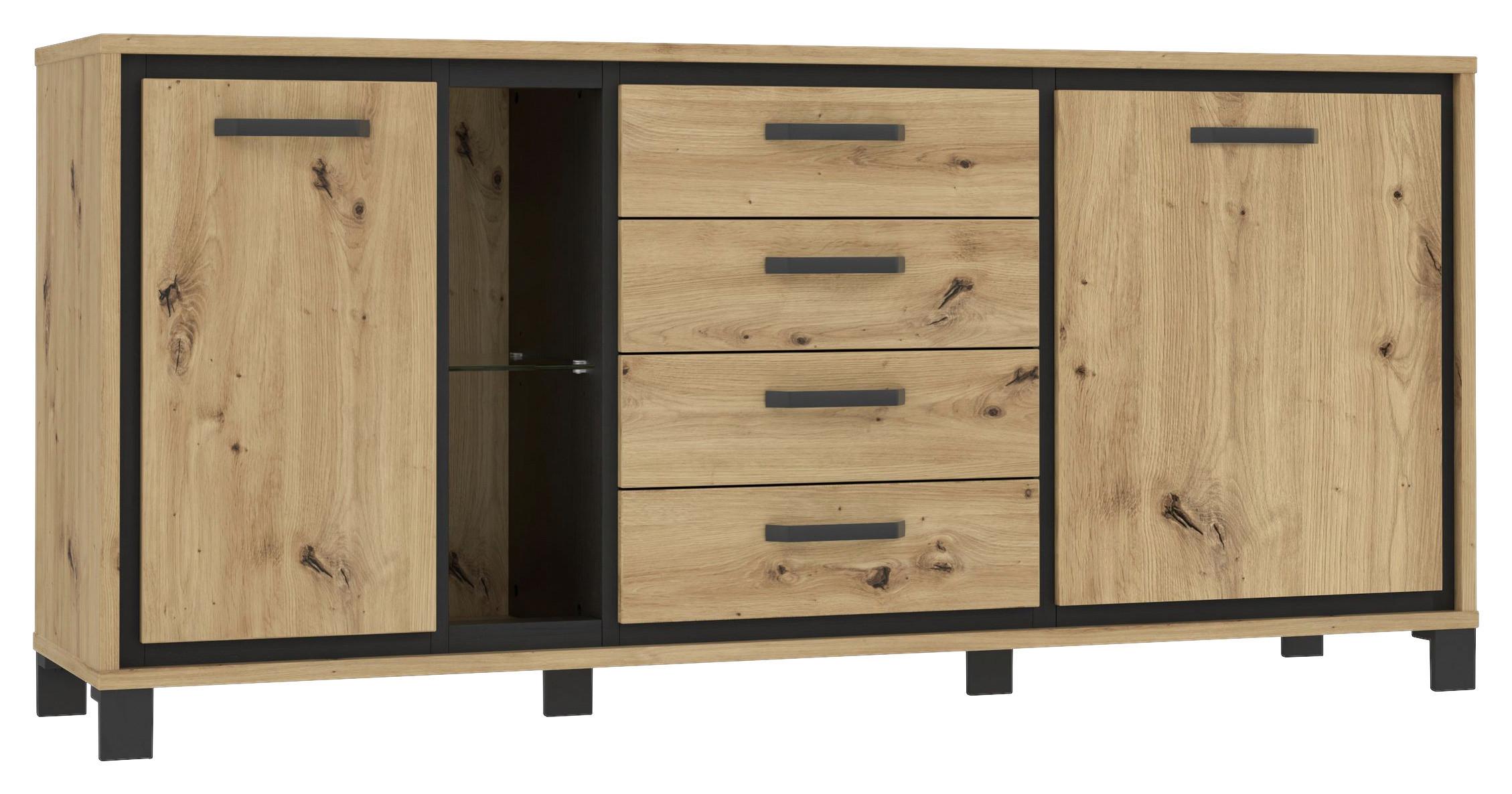 Sideboard "Trondheim" , Schwarz, Eiche - Eichefarben/Schwarz, Basics, Glas/Holzwerkstoff (177,4/81,3/41,5cm) - Livetastic