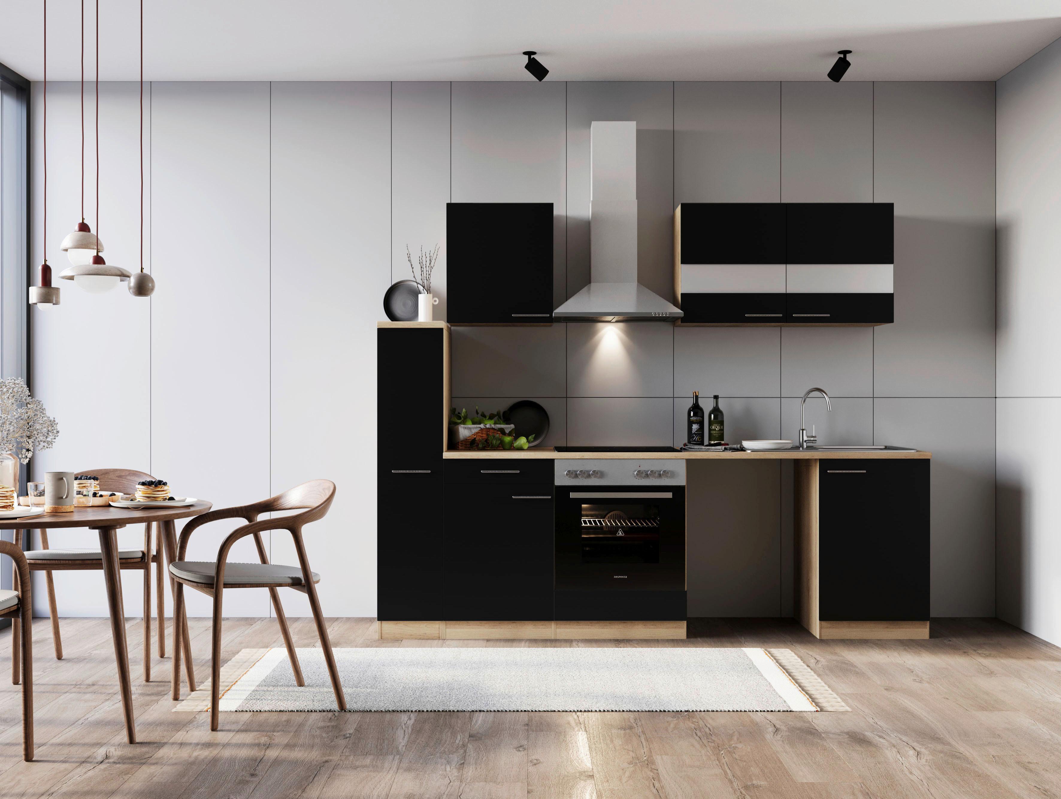 Küchenblock Merle mit Geräten Schwarz - Edelstahlfarben/Eichefarben, Basics, Glas/Holzwerkstoff (250cm) - Respekta