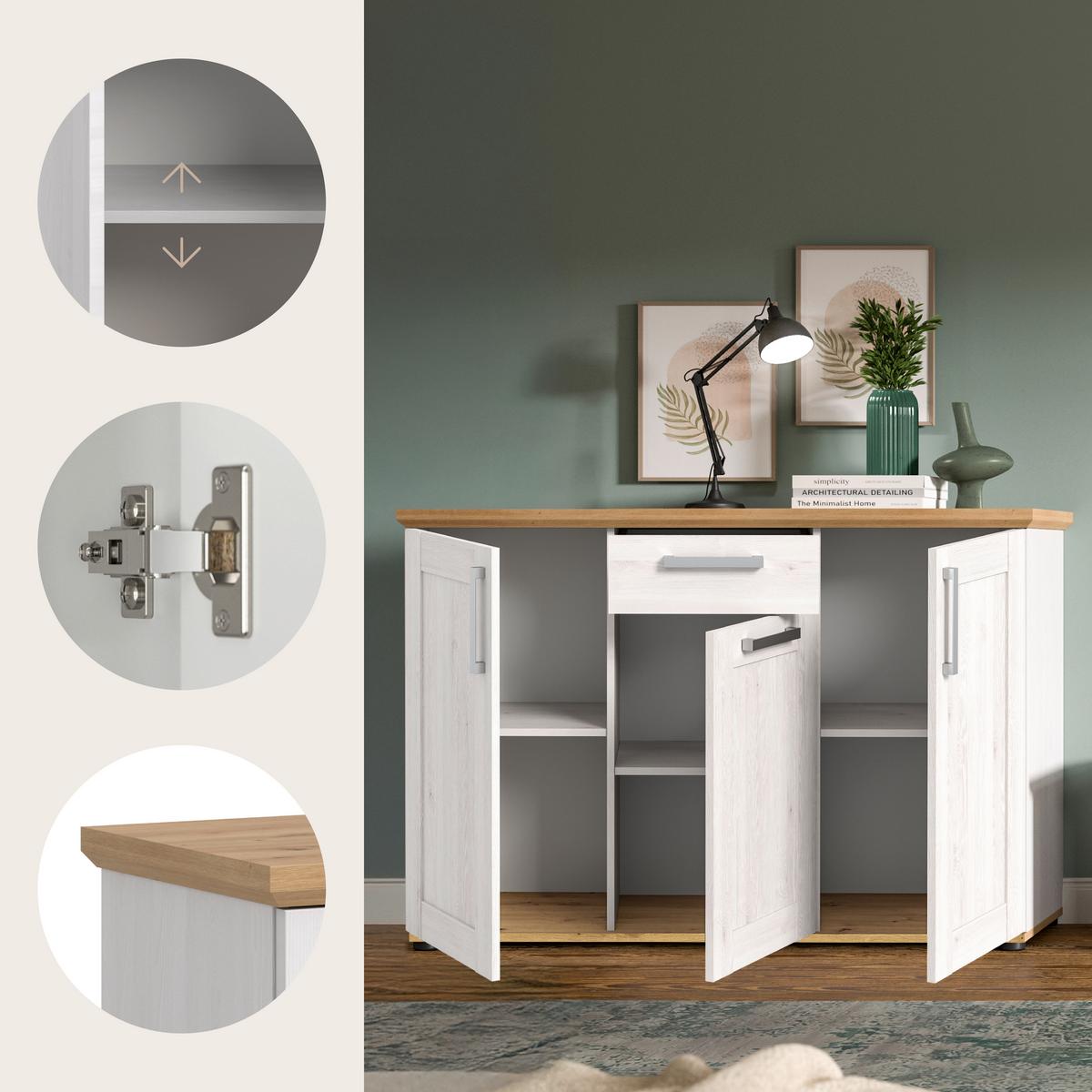 Široka Komoda Verona, Bela, Barva Macesna - srebrne barve/črna, Design, umetna masa/leseni material (129/80/40cm) - Livetastic