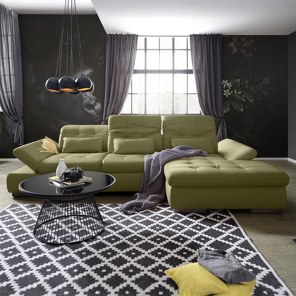 Wohnlandschaft Sanfino Leder Olivgrün - Chromfarben/Olivgrün, KONVENTIONELL, Leder/Metall (305/79-96/199cm) - Premium Living