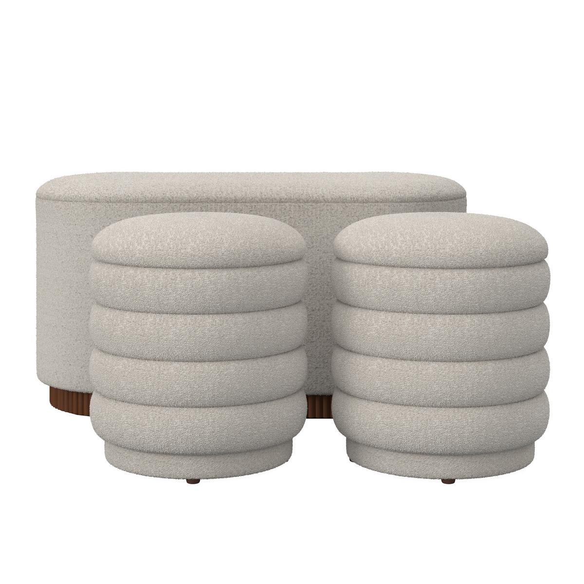 Sitzbank Nina mit Stauraum inkl. 2 Hocker Bouclé Weiß - Naturfarben/Weiß, MODERN, Holz/Holzwerkstoff - Bessagi Home