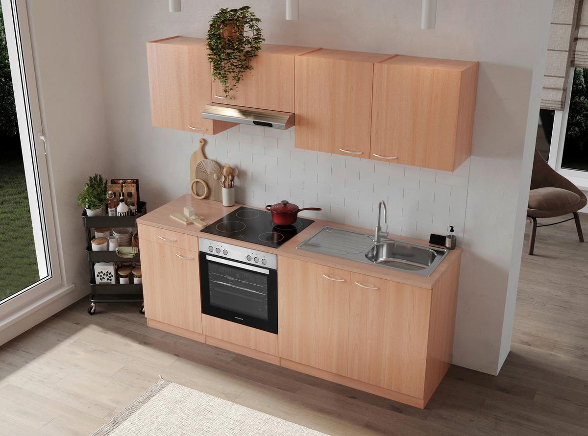 Küchenblock Gerda mit Geräten ca. 210 cm Buchefarben - Buchefarben/Alufarben, Basics, Holzwerkstoff/Kunststoff (210cm) - Respekta