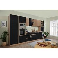 Küchenzeile Premium m. Geräte Schwarz/Eiche B: ca. 395 cm - Schwarz Hochglanz/Eichefarben, Basics, Holzwerkstoff (395cm) - Respekta