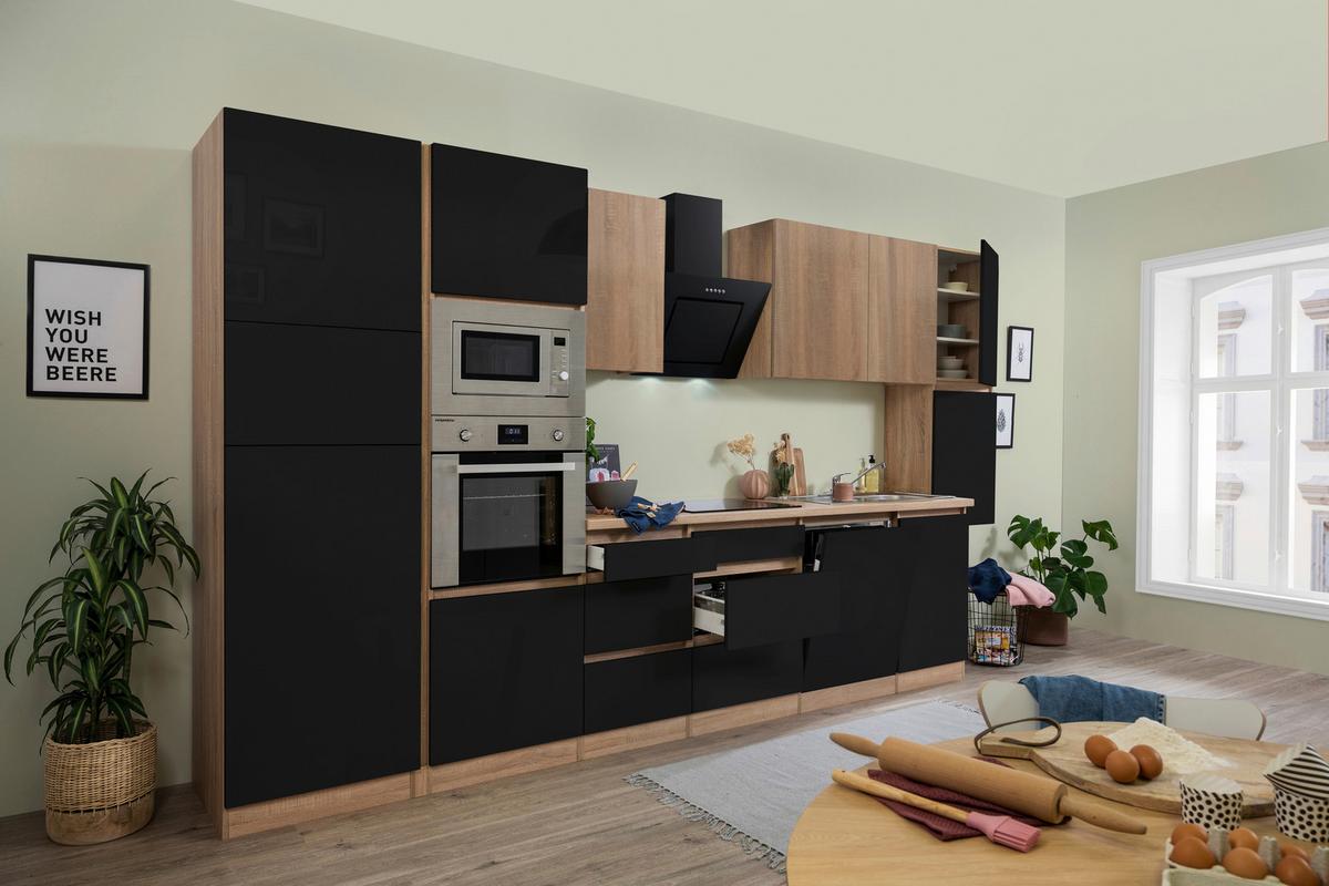Küchenzeile Premium m. Geräte Schwarz/Eiche B: ca. 395 cm - Schwarz Hochglanz/Eichefarben, Basics, Holzwerkstoff (395cm) - Respekta