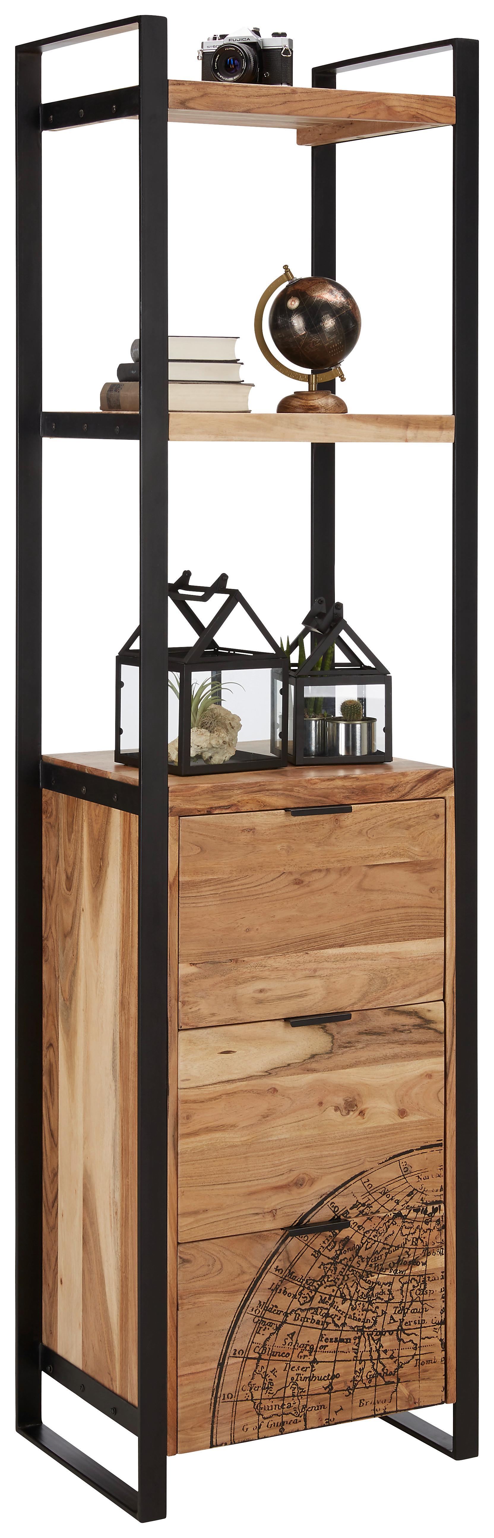 Polc Akácfa 3 Fiók 2 Polclap Globe - natúr/fekete, Lifestyle, fém/fa (55/200/41cm) - Mömax