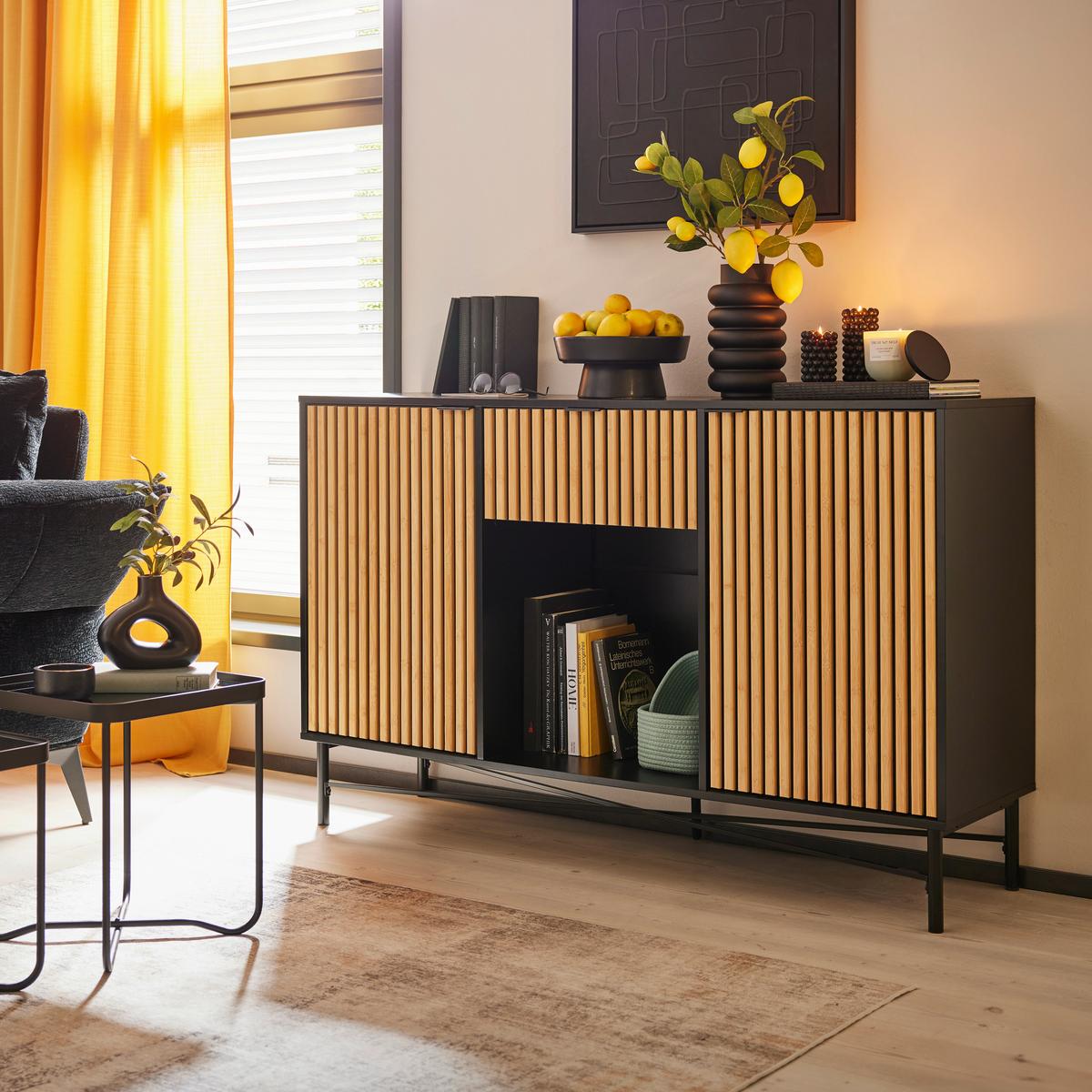 Sideboard Madrid Natur/Schwarz Echtholz - Schwarz/Naturfarben, MODERN, Holz/Holzwerkstoff (143/90/40cm) - Mömax