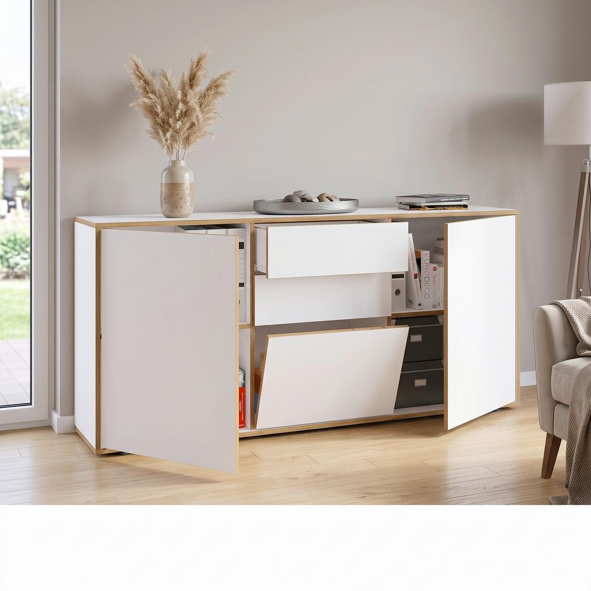 Komoda Salia B160, Bela, Barva Hrasta - črna/bela, Design, umetna masa/leseni material (160/74/33cm) - MID.YOU