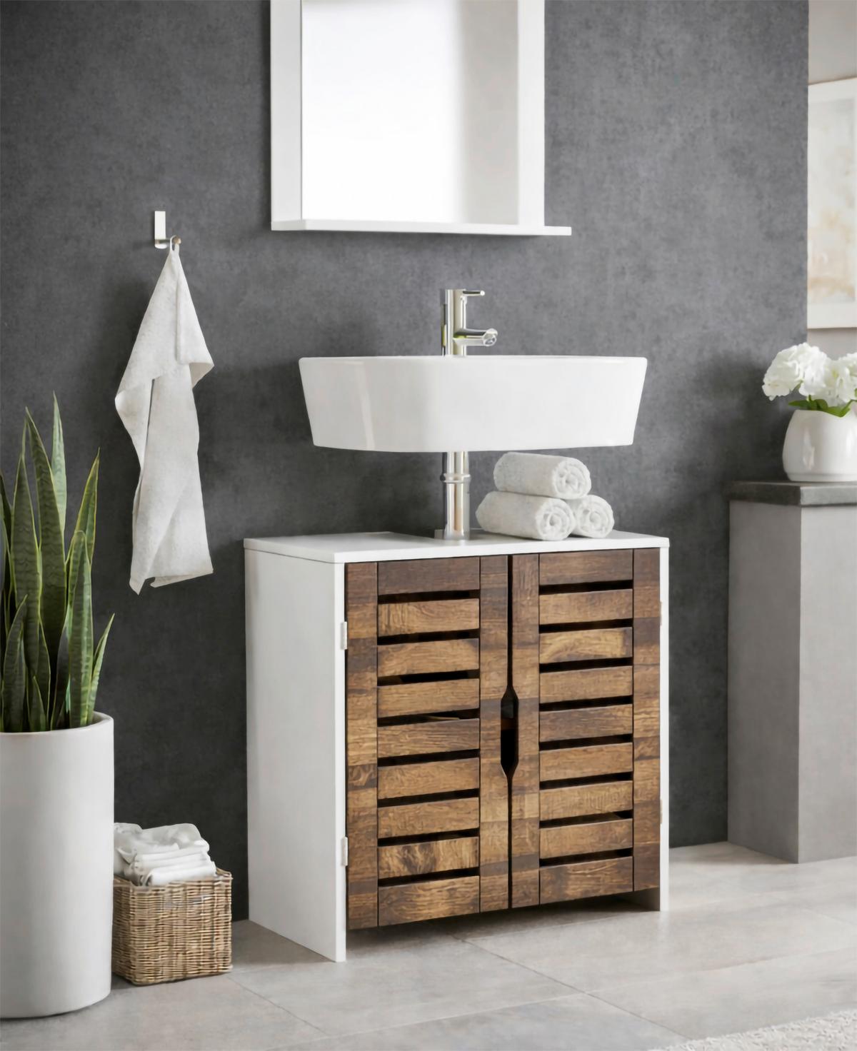 Waschbeckenunterschrank Flonali - Weiss/Eichefarben, Trend, Holzwerkstoff (60/60/29cm) - MID.YOU