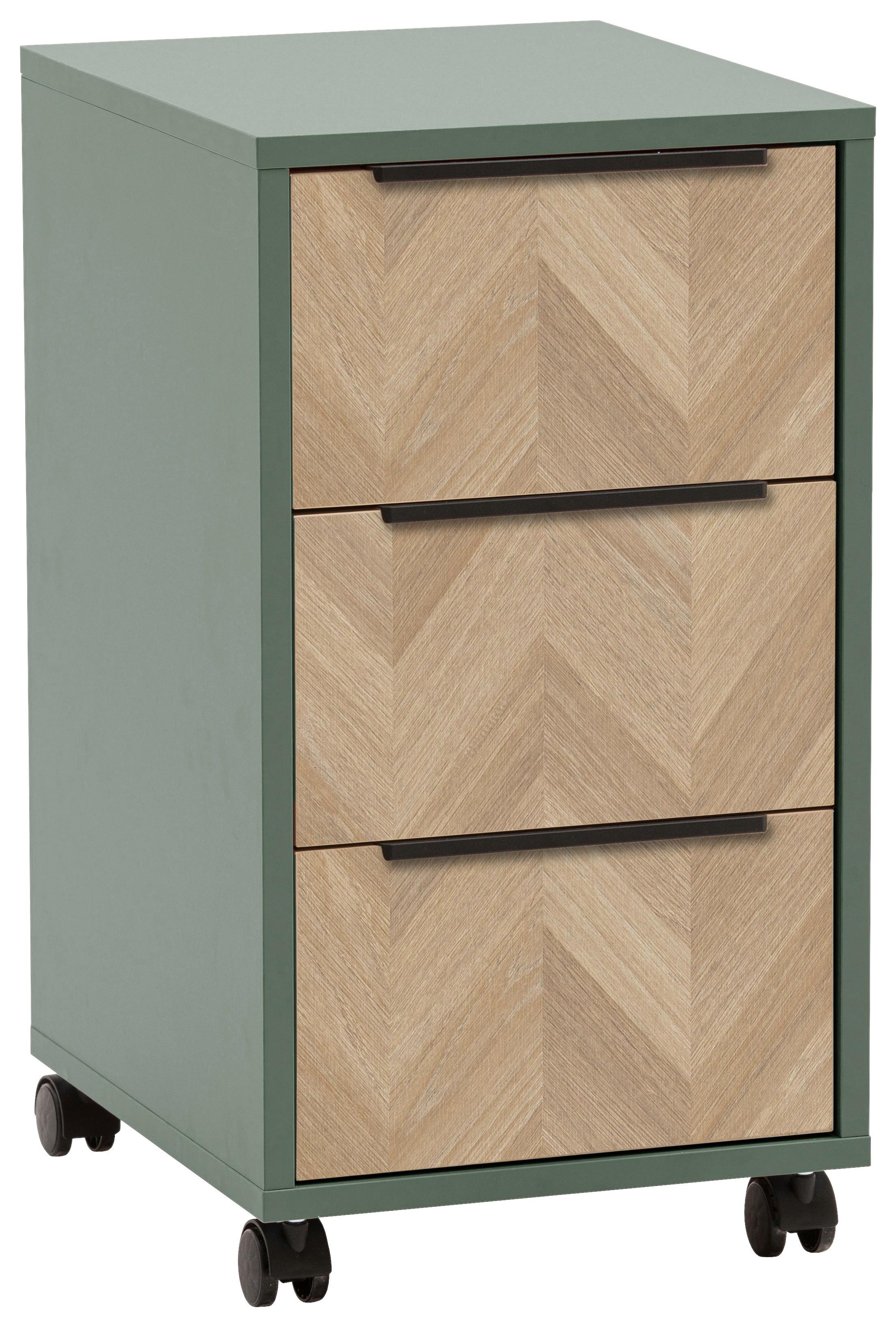 Rollcontainer Piazza Grün/Eichefarben - Eichefarben/Schwarz, MODERN, Holzwerkstoff/Kunststoff (32,60/59,7/39,10cm) - Mömax