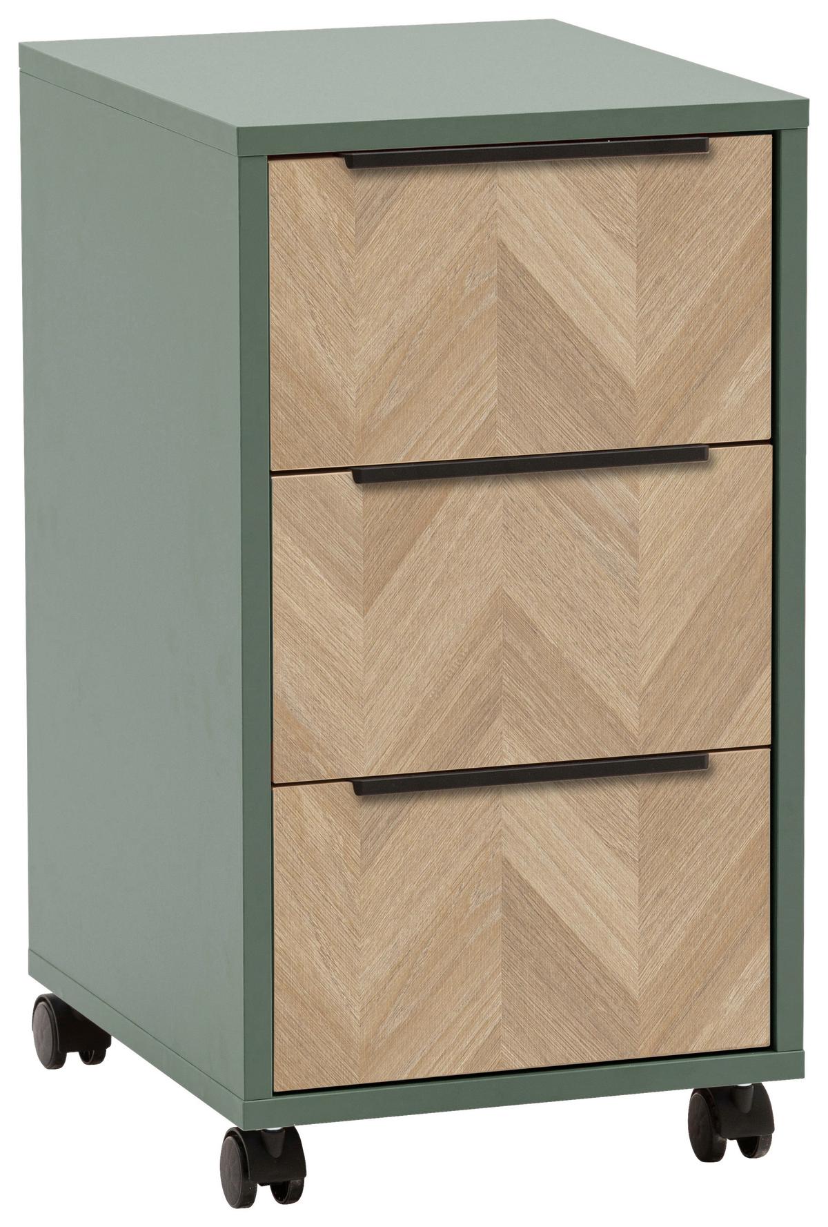 Rollcontainer Piazza Grün/Eichefarben - Eichefarben/Schwarz, MODERN, Holzwerkstoff/Kunststoff (32,60/59,7/39,10cm) - Mömax