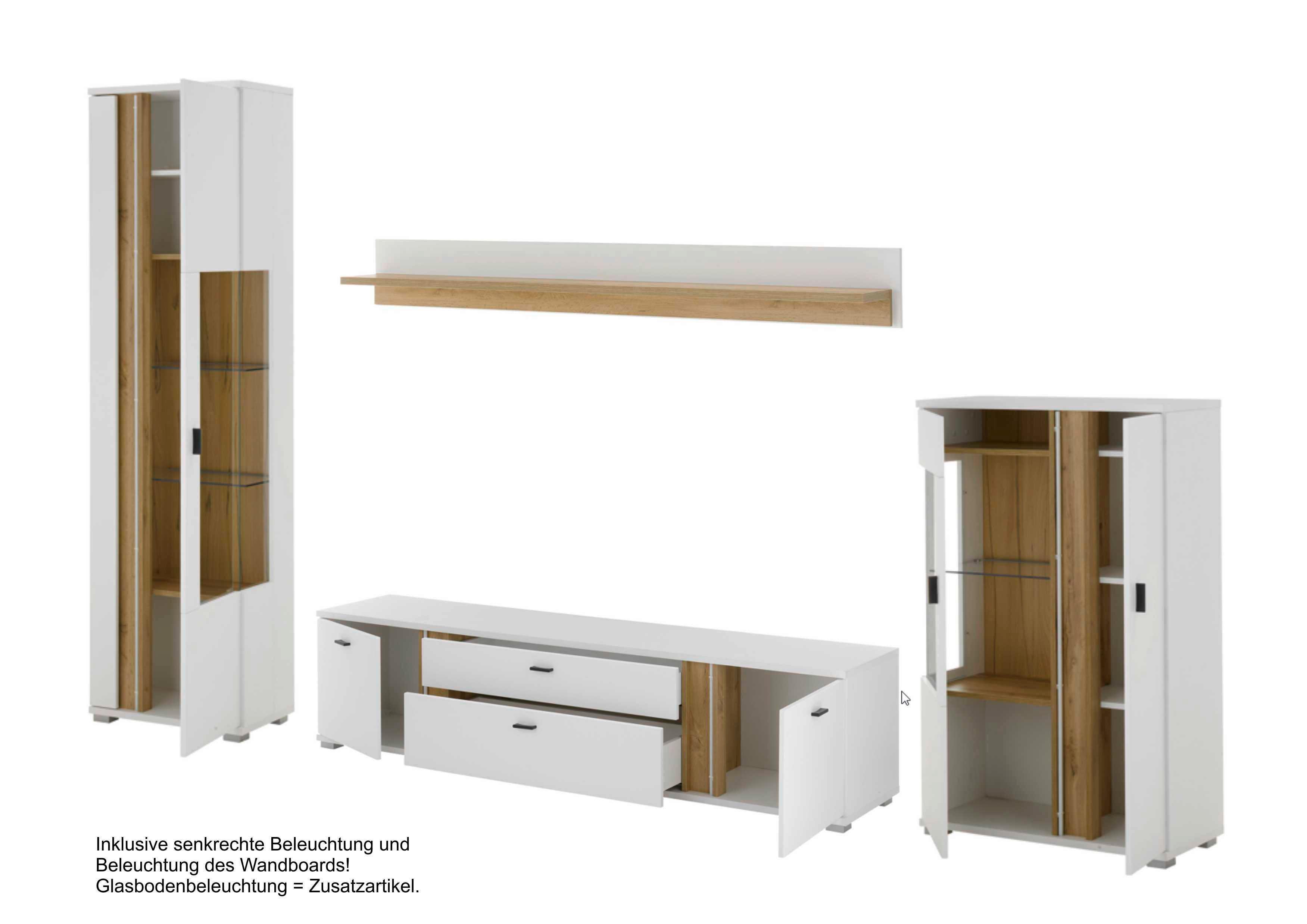 WOHNWAND LONG ISLAND - Eiche Wotan/Silberfarben, Design, Glas/Holzwerkstoff (355/200/42cm) - MID.YOU