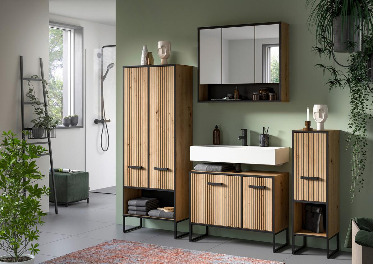 Waschbeckenunterschrank Bagno Eiche Artisan/Schwarz - Schwarz/Eiche Artisan, Trend, Holzwerkstoff/Kunststoff (80/63/36cm) - MID.YOU