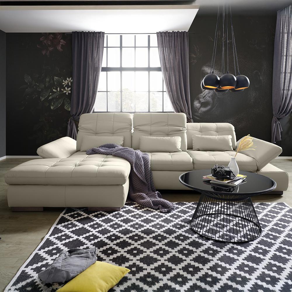 Wohnlandschaft Sanfino Leder Hellgrau - Chromfarben/Hellgrau, KONVENTIONELL, Leder/Metall (199/79-96/305cm) - Premium Living