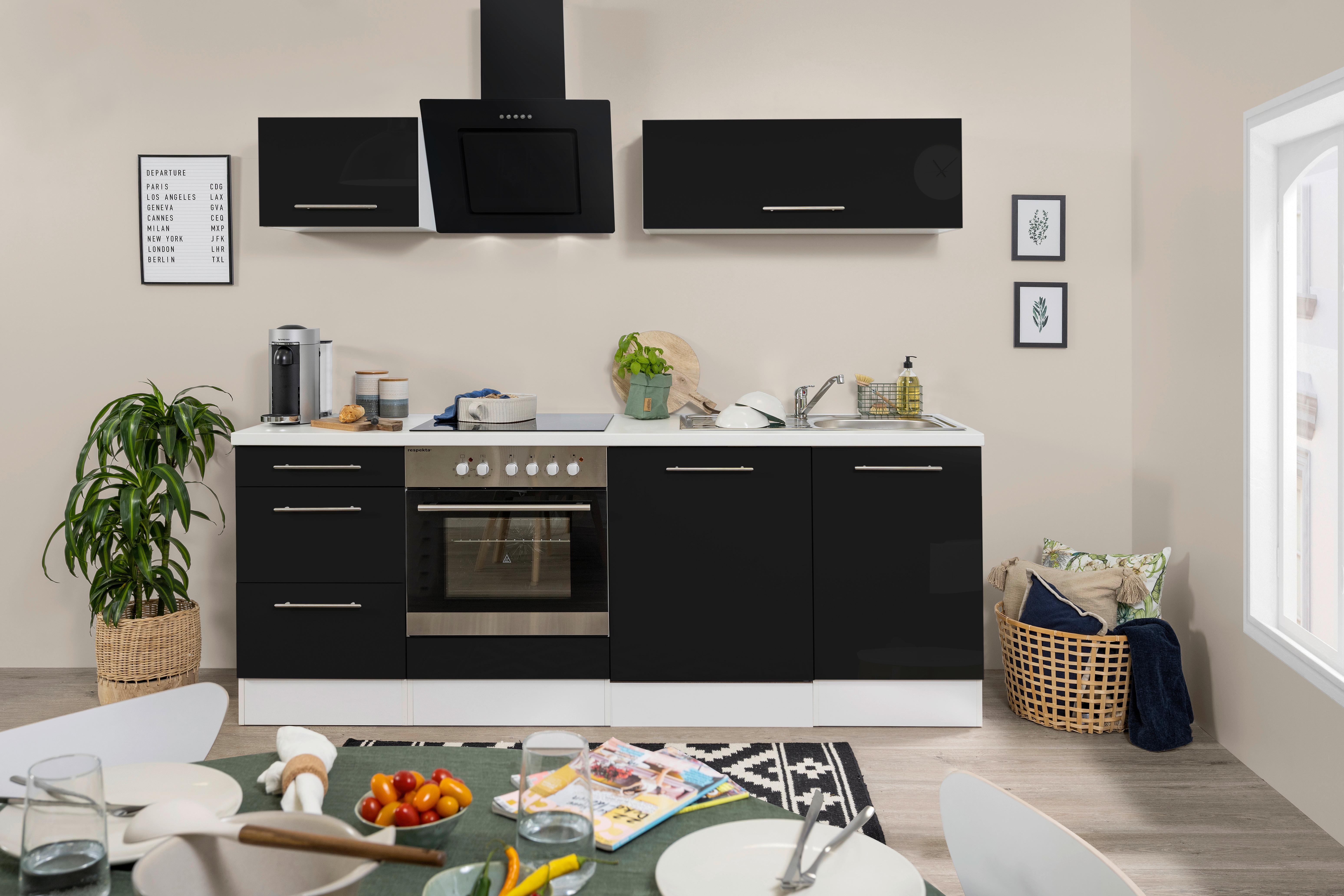 Küchenzeile Schwarz Hochglanz/ Weiß m. Geräte B: ca. 220 cm - Schwarz/Alufarben, KONVENTIONELL, Holzwerkstoff (220cm) - Respekta