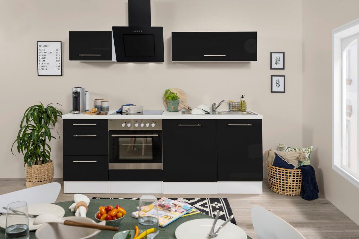 Küchenzeile Schwarz Hochglanz/ Weiß m. Geräte B: ca. 220 cm - Schwarz/Alufarben, KONVENTIONELL, Holzwerkstoff (220cm) - Respekta