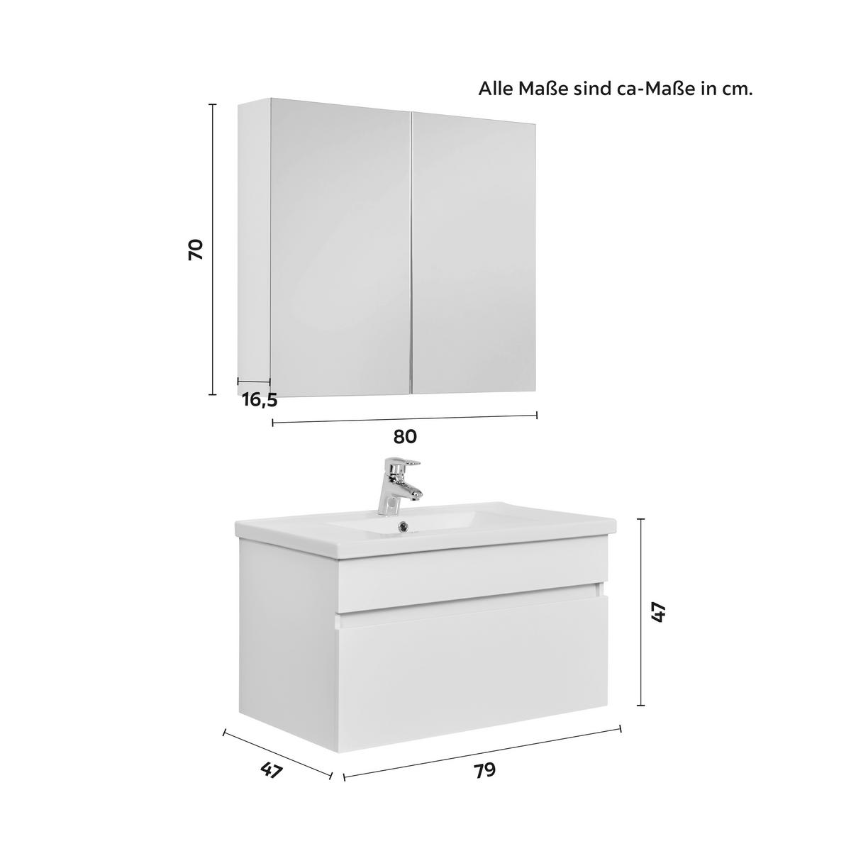 meuble-lavabo Waschbecken & Spiegel, weiss - clair/blanc, Modern, céramique/verre (80/70/47/70/47/13cm) - Bessagi Home