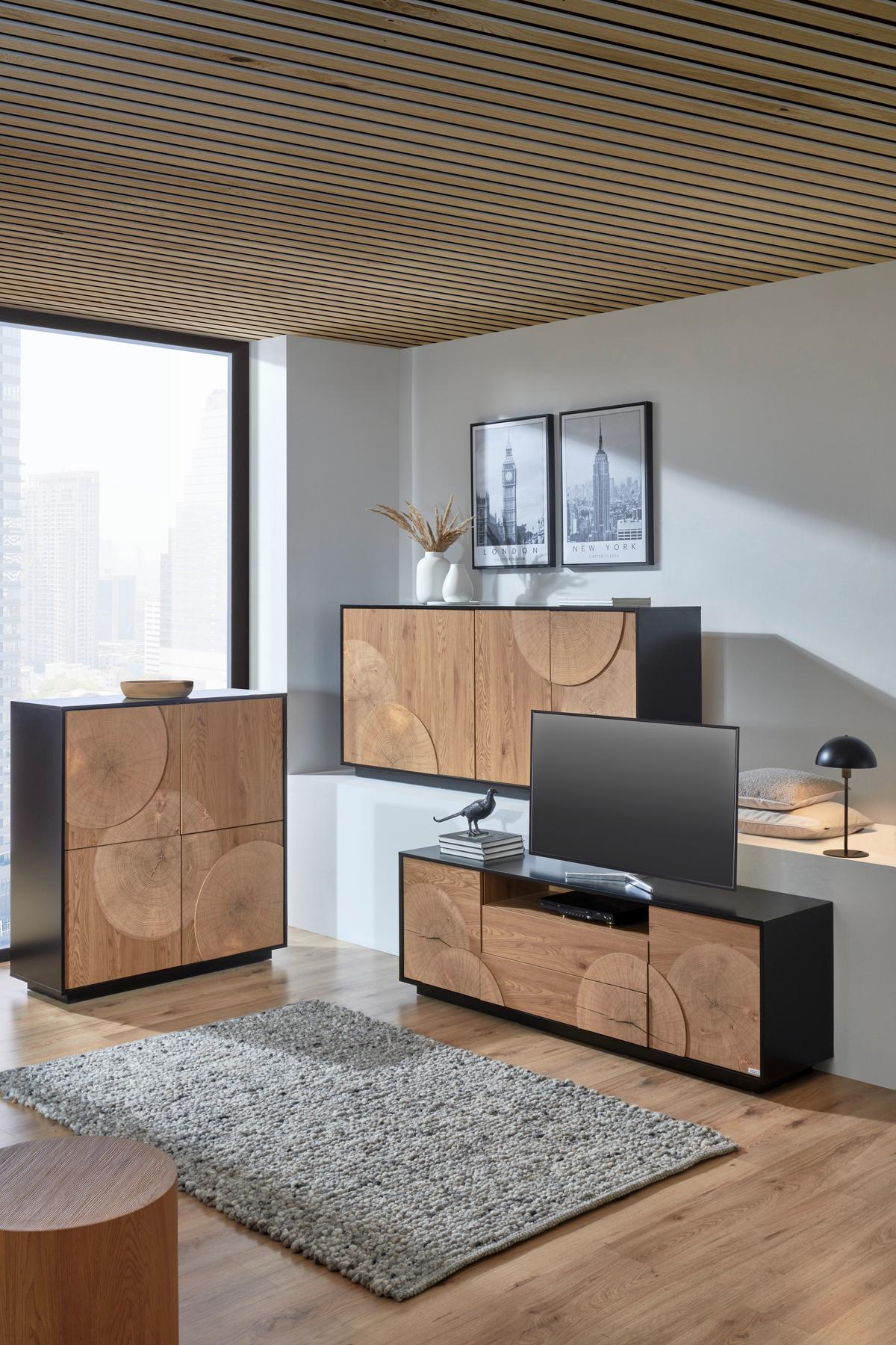 KOMODA WOODY - kolor dębowy/czarny, Lifestyle, materiał drewnopochodny (110/115,5/40cm) - Xora