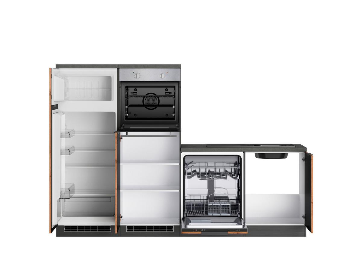 Eckküche Liverpool m. Geräten ca. 300x240cm Eiche - Schieferfarben/Eiche Wotan, Basics, Holzwerkstoff/Metall (300/240cm) - Held