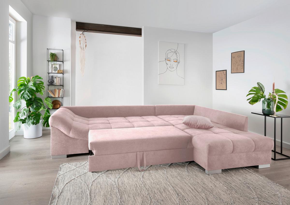 Wohnlandschaft Alvito Rosa Nylon/Mikrofaser - Silberfarben/Rosa, Design, Holz/Textil (298/202cm) - MID.YOU