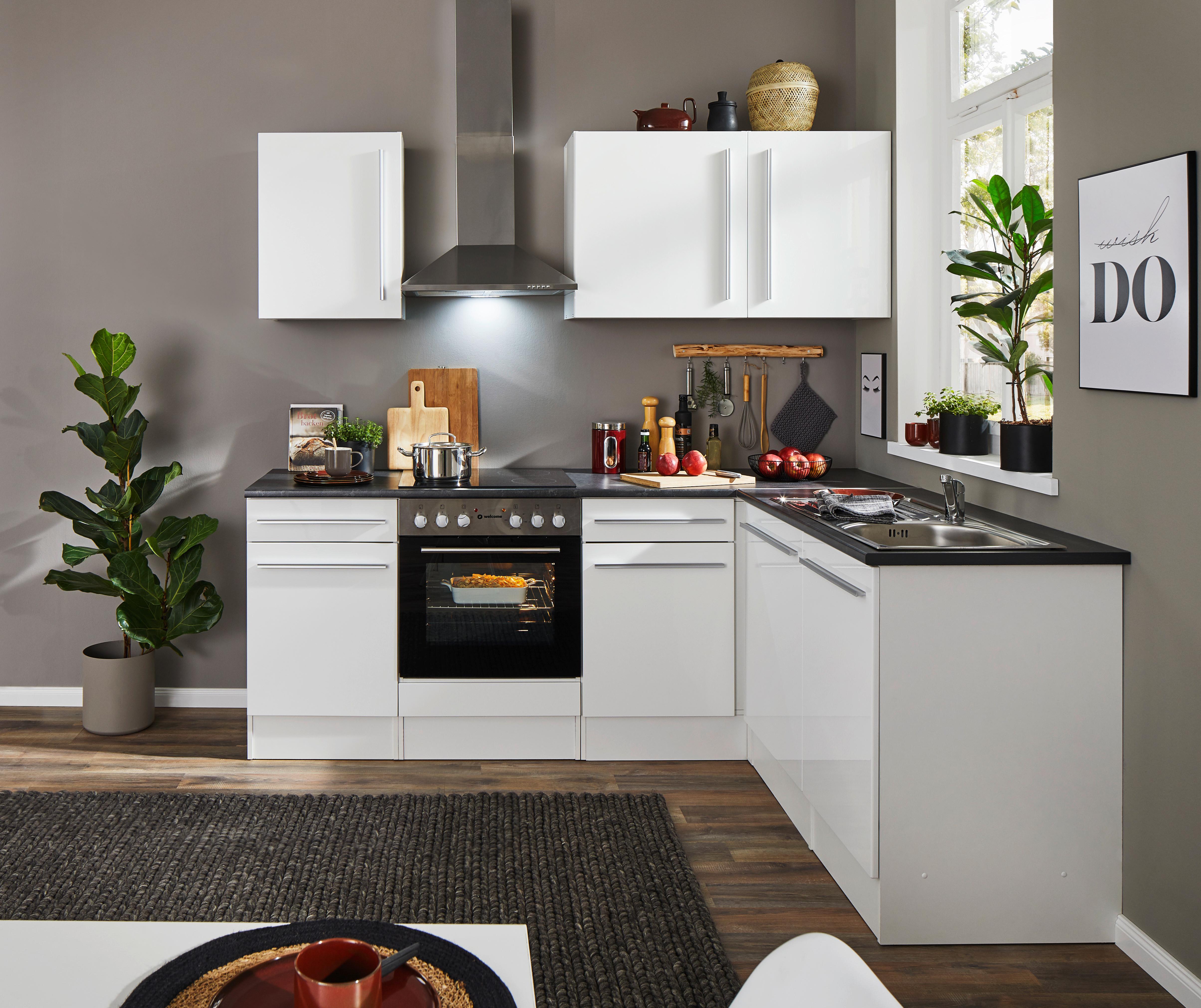 Eckküche Jazz mit Geräten ca.200x175cm Wiß Hochglanz - Weiß Hochglanz/Anthrazit, LIFESTYLE, Holzwerkstoff/Kunststoff (220/175cm) - P & B