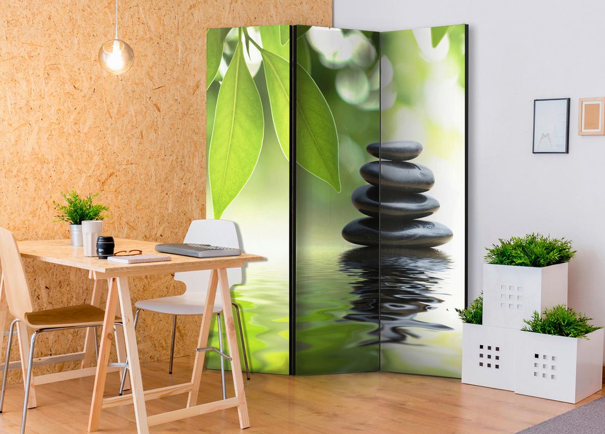 Paravan Calm, 3-Delni, Dvostranski - siva/zelena, Basics, tekstil/les (135/172/3cm) - artgeist