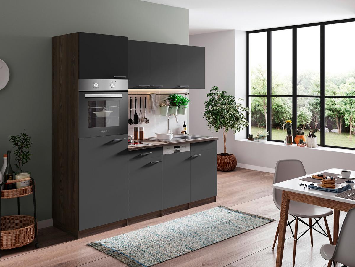 Küchenblock Oliver mit Geräten ca. 205 cm Grau - Eichefarben/Alufarben, Basics, Holzwerkstoff/Kunststoff (205cm) - Respekta