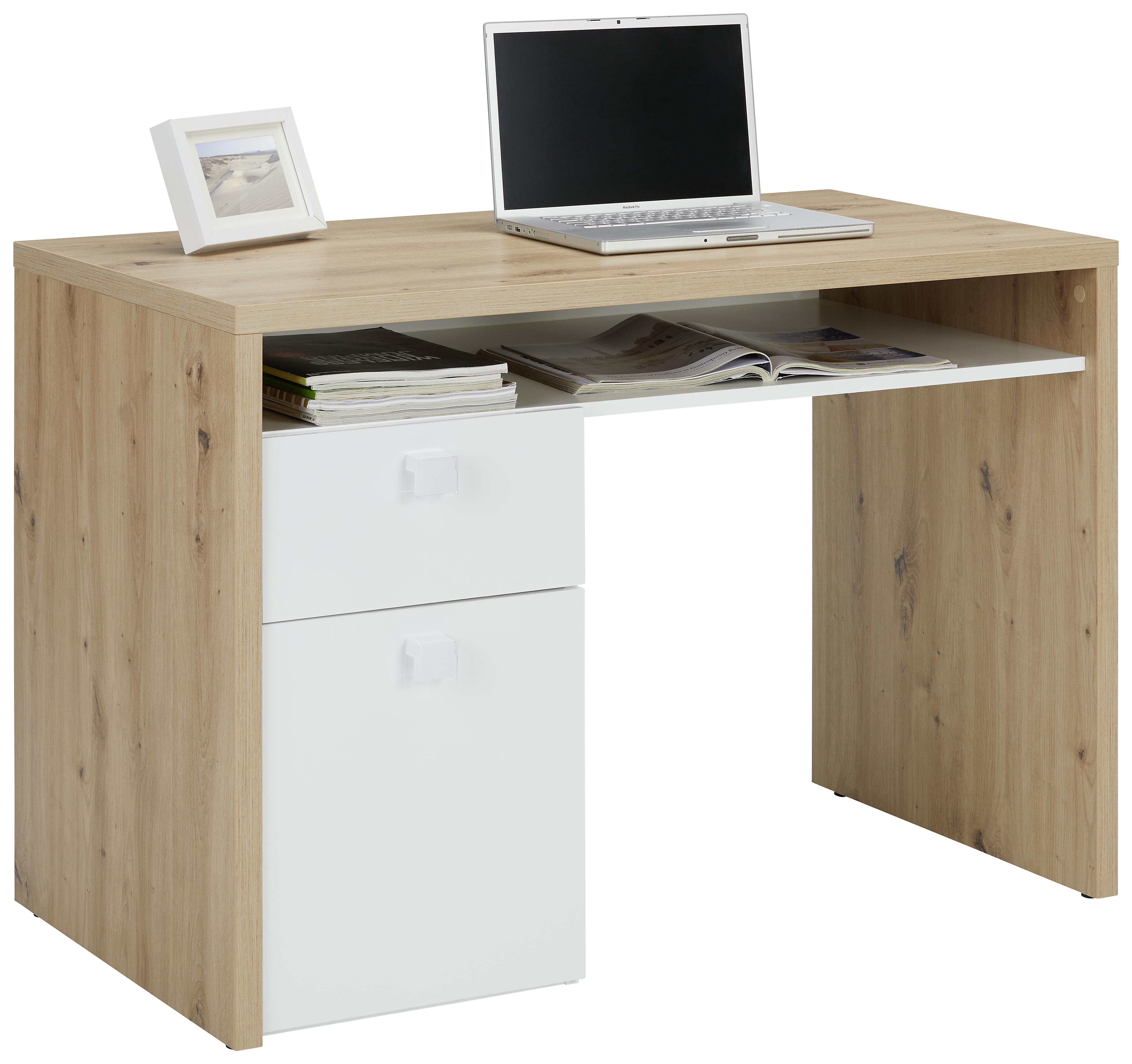 Schreibtisch in Weiß/Eichefarben - Eichefarben/Weiß, Holzwerkstoff/Kunststoff (110/76,5/60cm) - Modern Living
