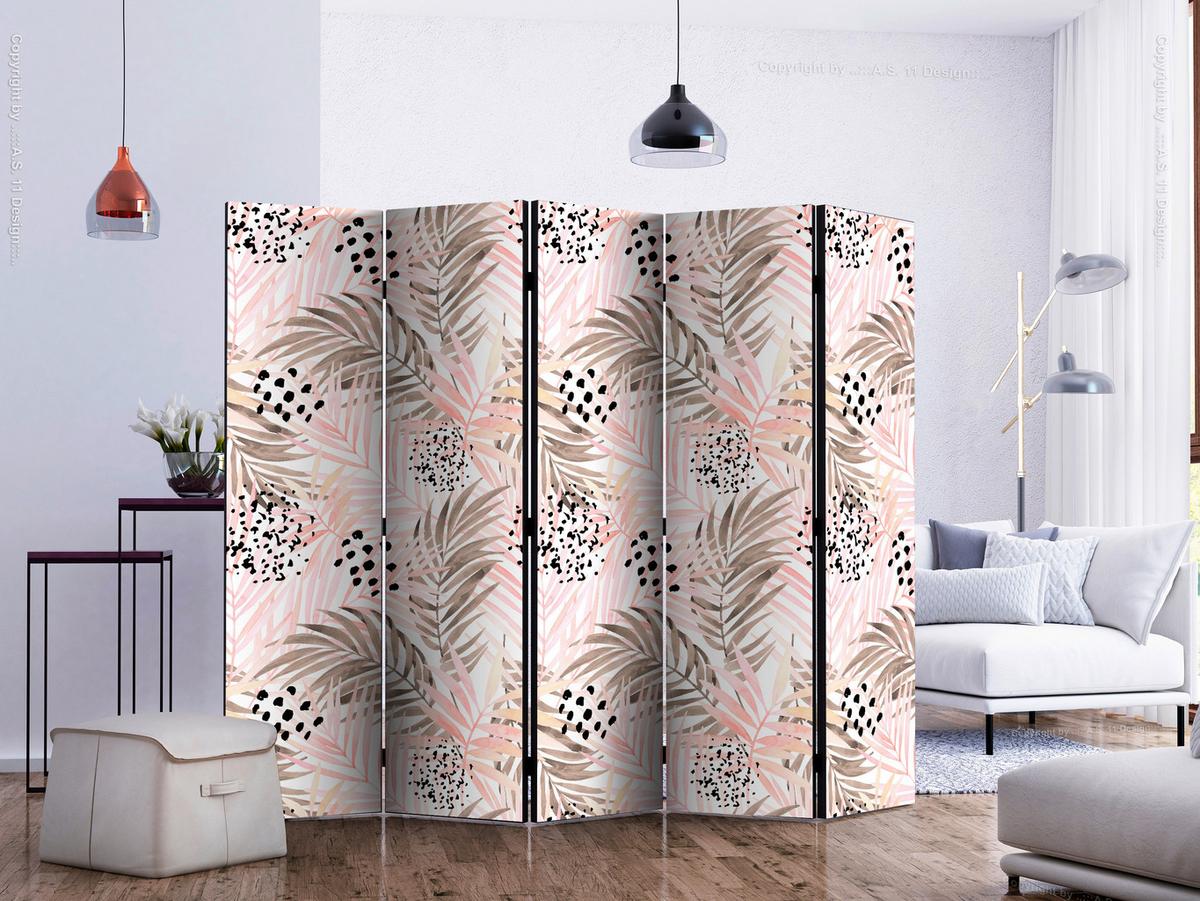 Paravan Pink Palm Leaves I, 5-Delni, Dvostranski - pink/bela, Basics, tekstil/les (225/172/3cm) - artgeist