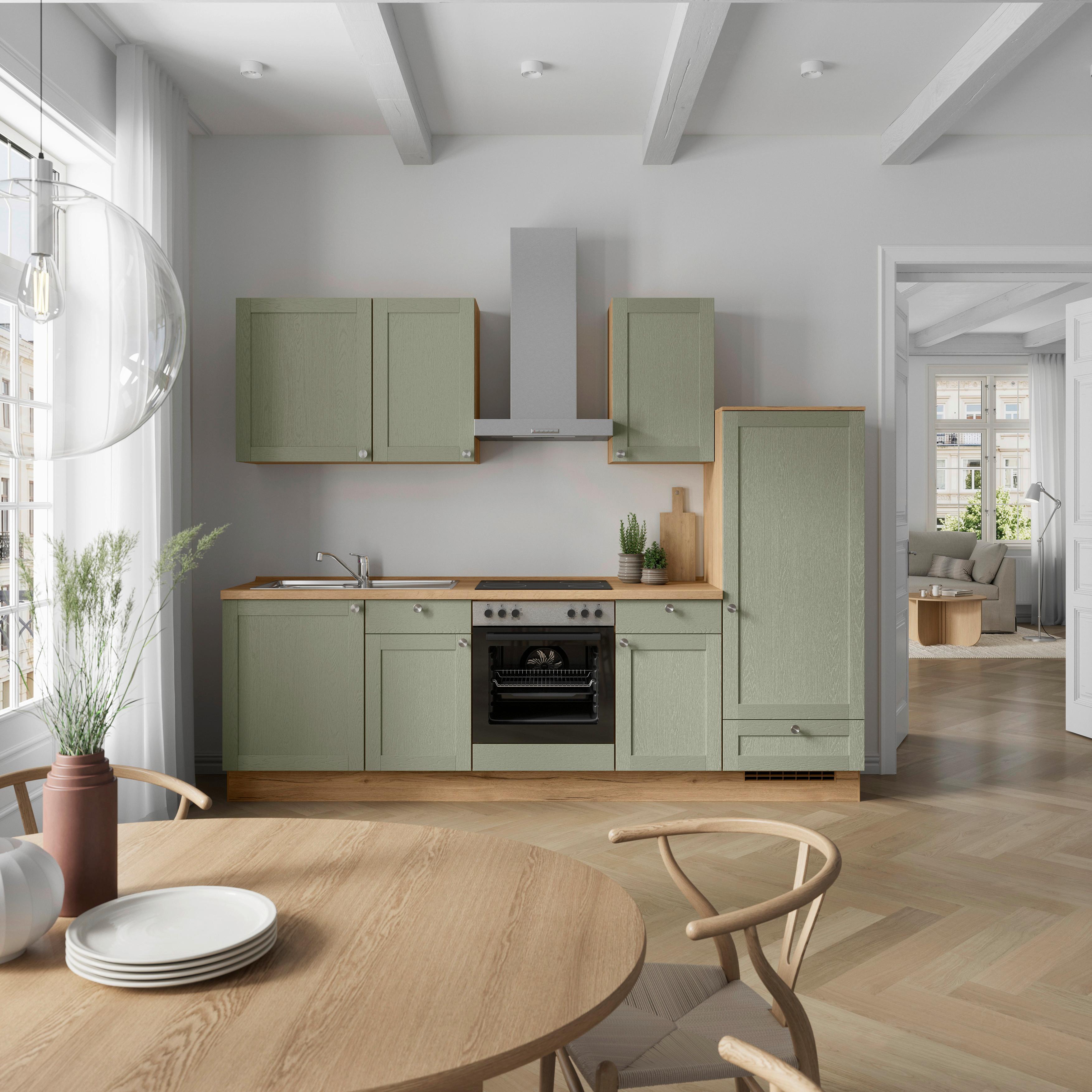 Küchenleerblock Frame Low o. Geräte Olivgrün - Edelstahlfarben/Eichefarben, MODERN, Holzwerkstoff/Metall (270cm) - Nobilia