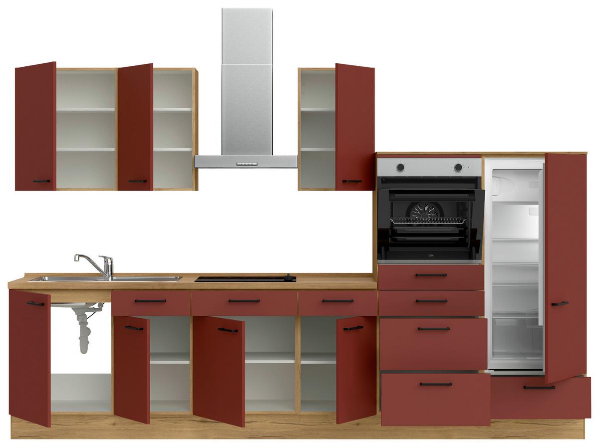 Küchenblock Easytouch Low m. Geräten Dunkelrot - Eichefarben/Schwarz, MODERN, Holzwerkstoff/Metall (330cm) - Nobilia