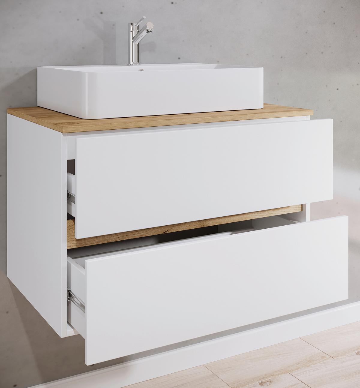 Badezimmer Cosila - Honigeiche/Weiss, Trend, Keramik/Holzwerkstoff (80/64/51cm) - MID.YOU