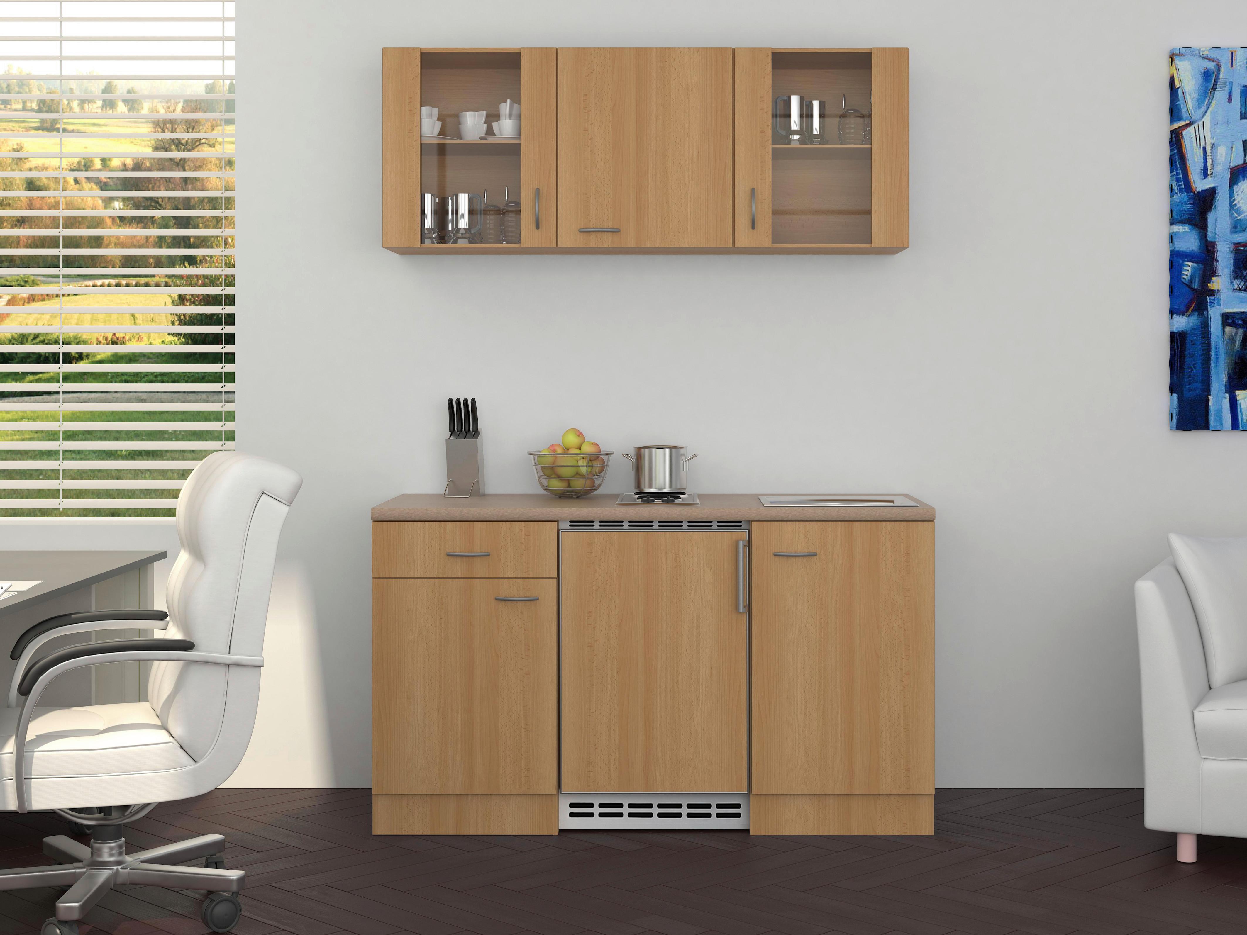 Miniküche Nano m. Geräten B: ca. 150cm Buchefarben - Edelstahlfarben/Beige, MODERN, Glas/Holzwerkstoff (150cm) - FlexWell