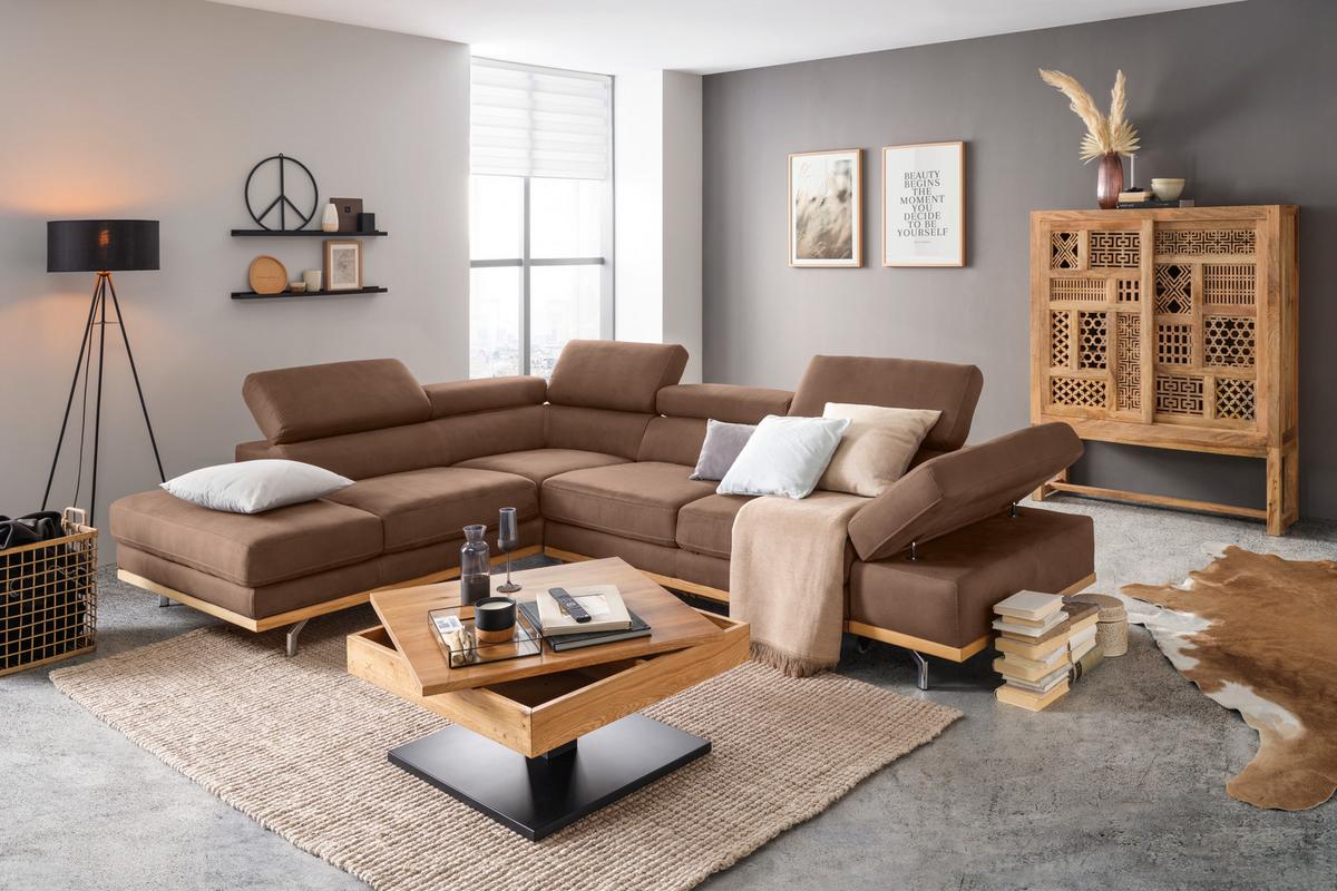 Wohnlandschaft Carmen Braun mit Bettfunktion - Chromfarben/Braun, KONVENTIONELL, Holz/Textil (226/93/292cm) - Based