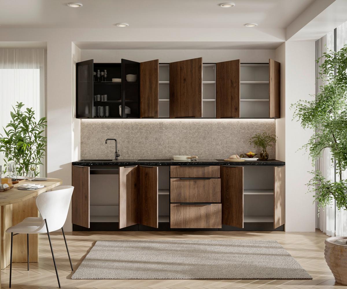 Blok Kuhinja Monza - boja orahovog drveta/crna, Moderno, staklo/metal (260/210/60cm) - Modern Living