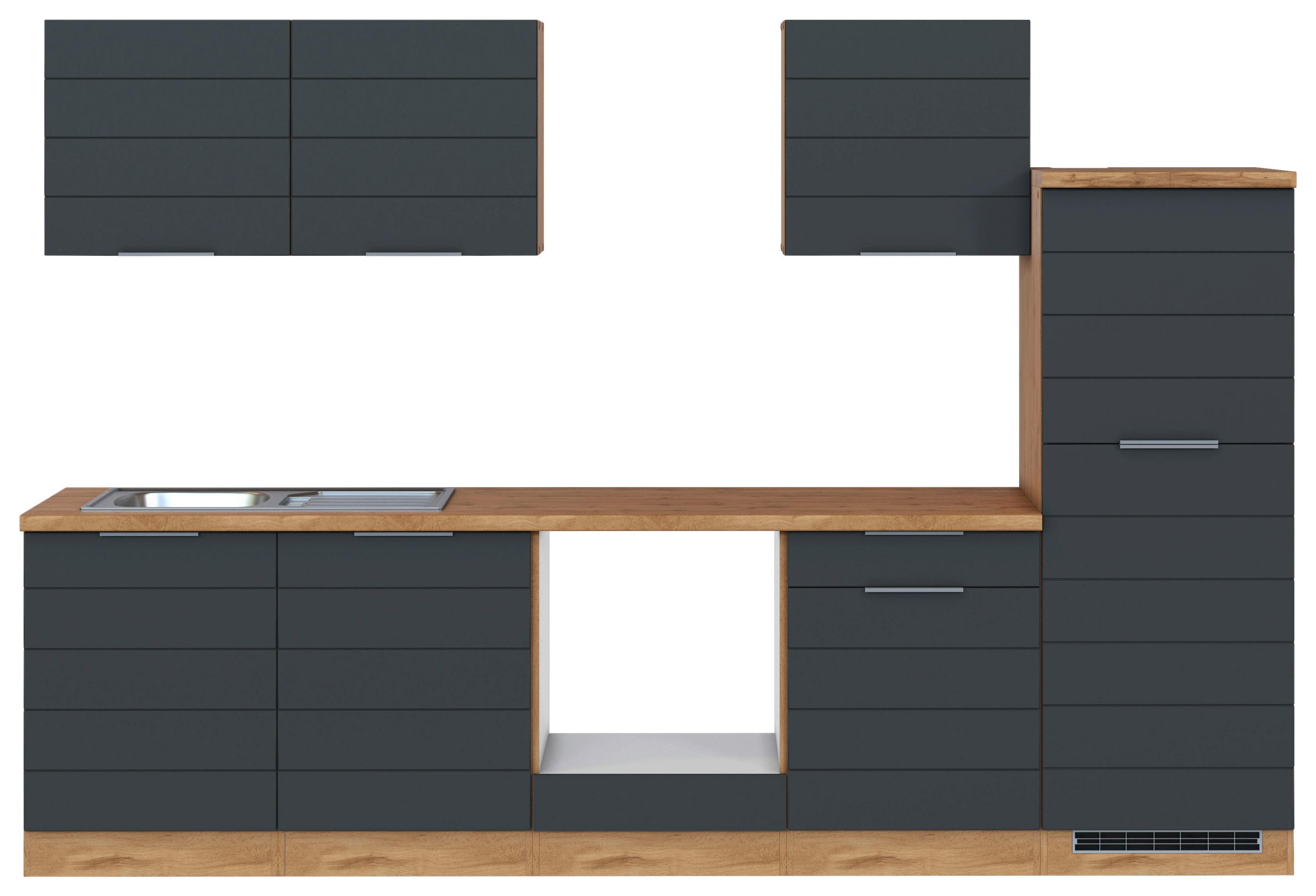 Küchenzeile Florenz ohne Geräte ca. 300 cm Grau/Eiche - Eiche Wotan/Grau, Design, Holzwerkstoff/Metall (300cm) - Held