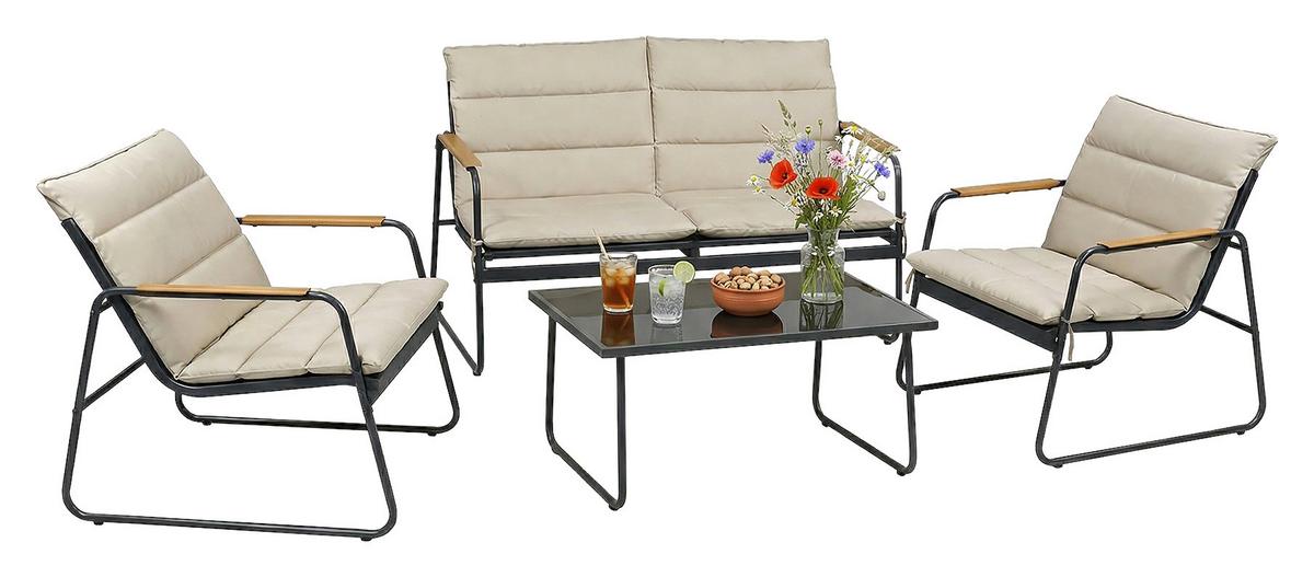 LOUNGEGARNITUR LEXILA 920577 4-TLG - Creme/Schwarz, Modern, Glas/Kunststoff - Gardenson