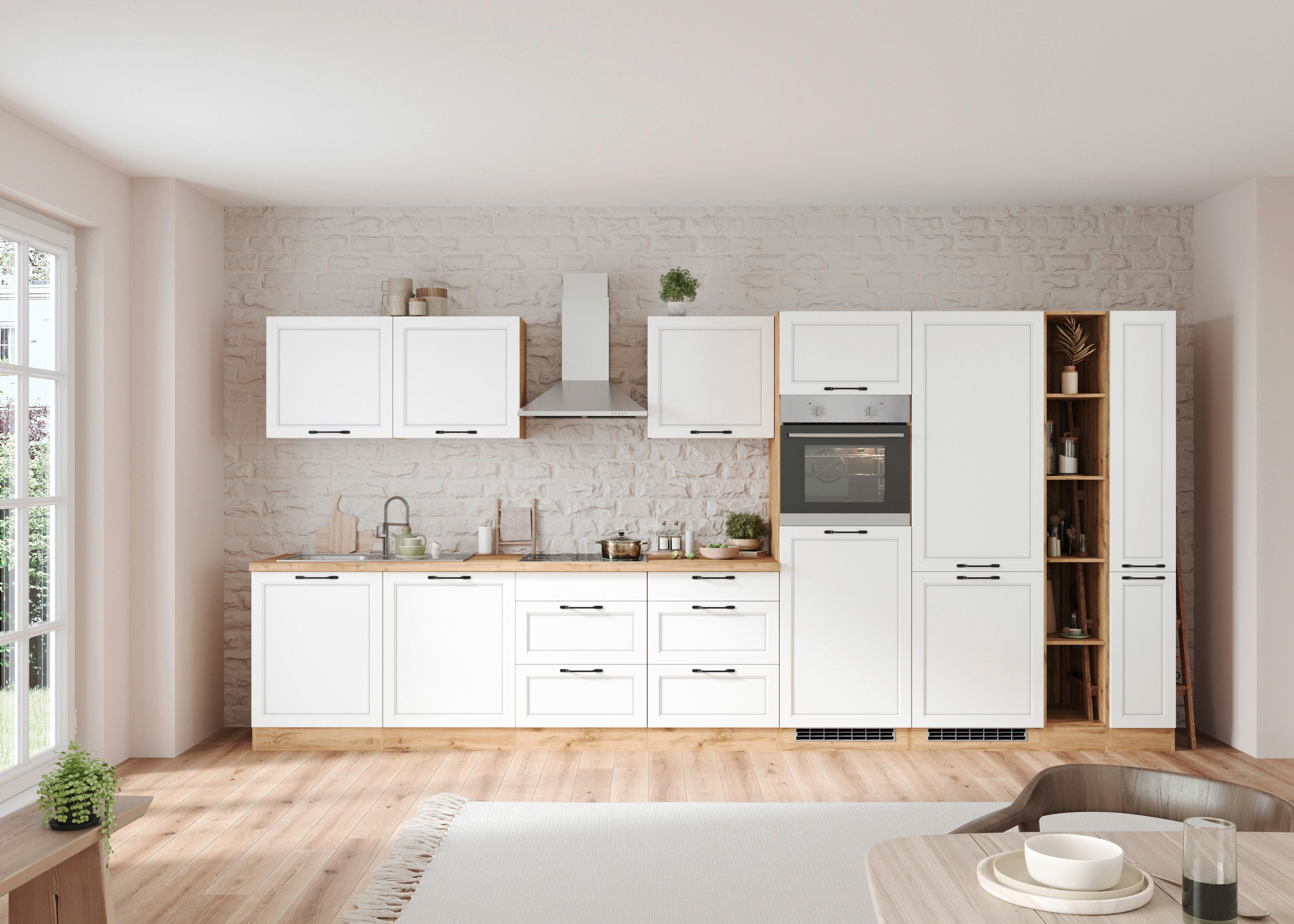 Küchenzeile Meran ohne Geräte ca. 420 cm Weiß/Eiche Dekor - Eiche Wotan/Schwarz, LIFESTYLE, Holzwerkstoff/Metall (420cm) - Held